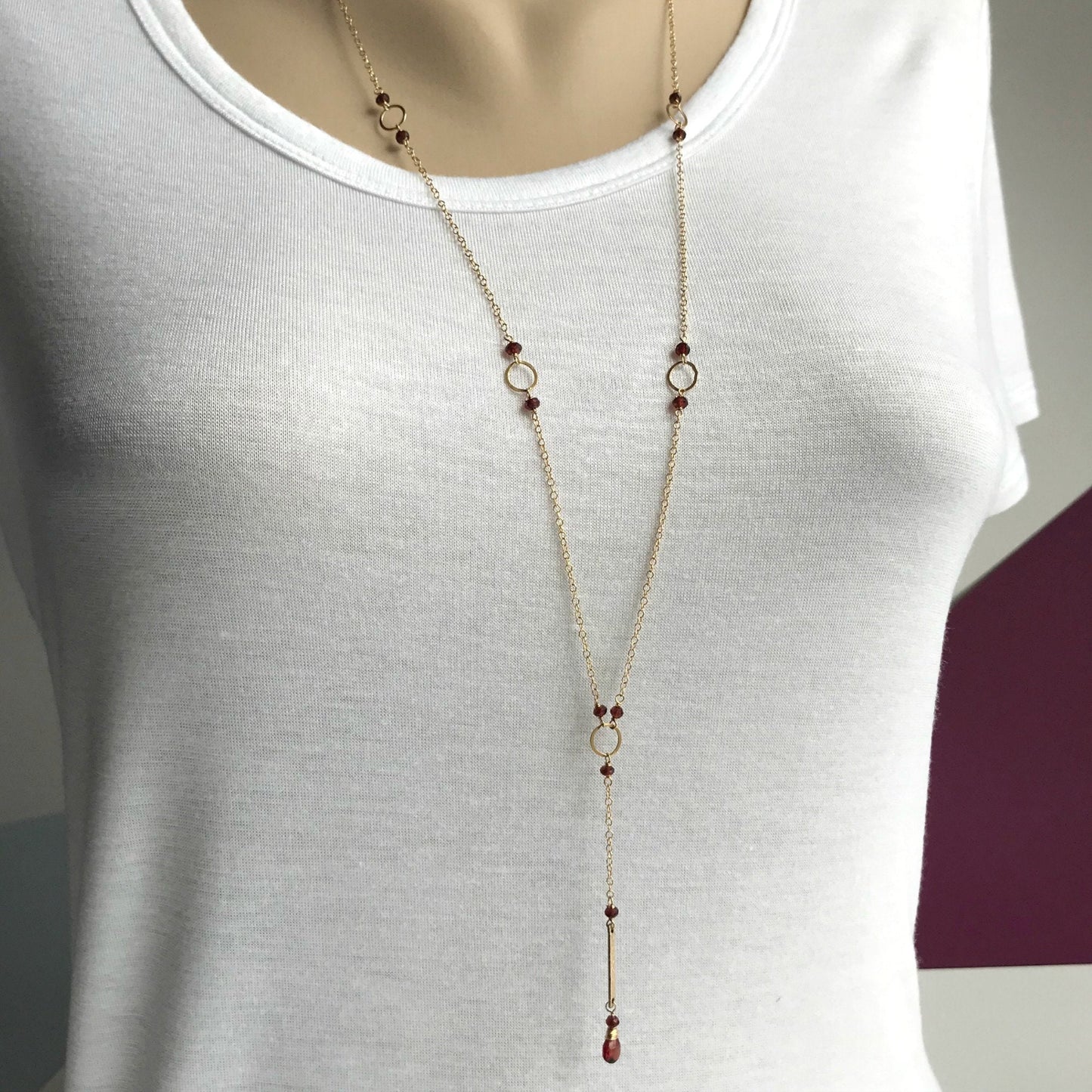 Garnet Y Necklace,January Birthstone Lariat, Dainty Gemstone Necklace, Layering Delicate Necklace, Long Bar Necklace, Cute Necklace