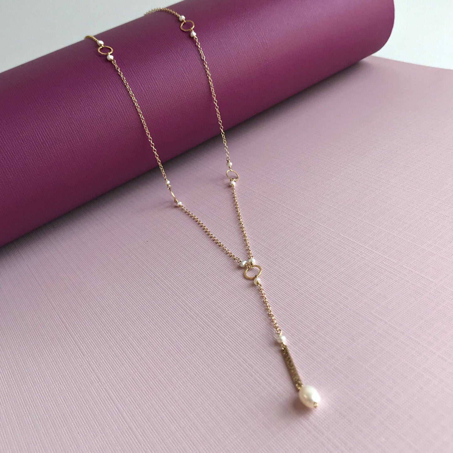 Bar Drop Necklace,Pearl Y Necklace,Simple Y Necklace,Long Necklace,Gold Y Necklace,June Birthstone,Layered Necklace,Delicate Lariat