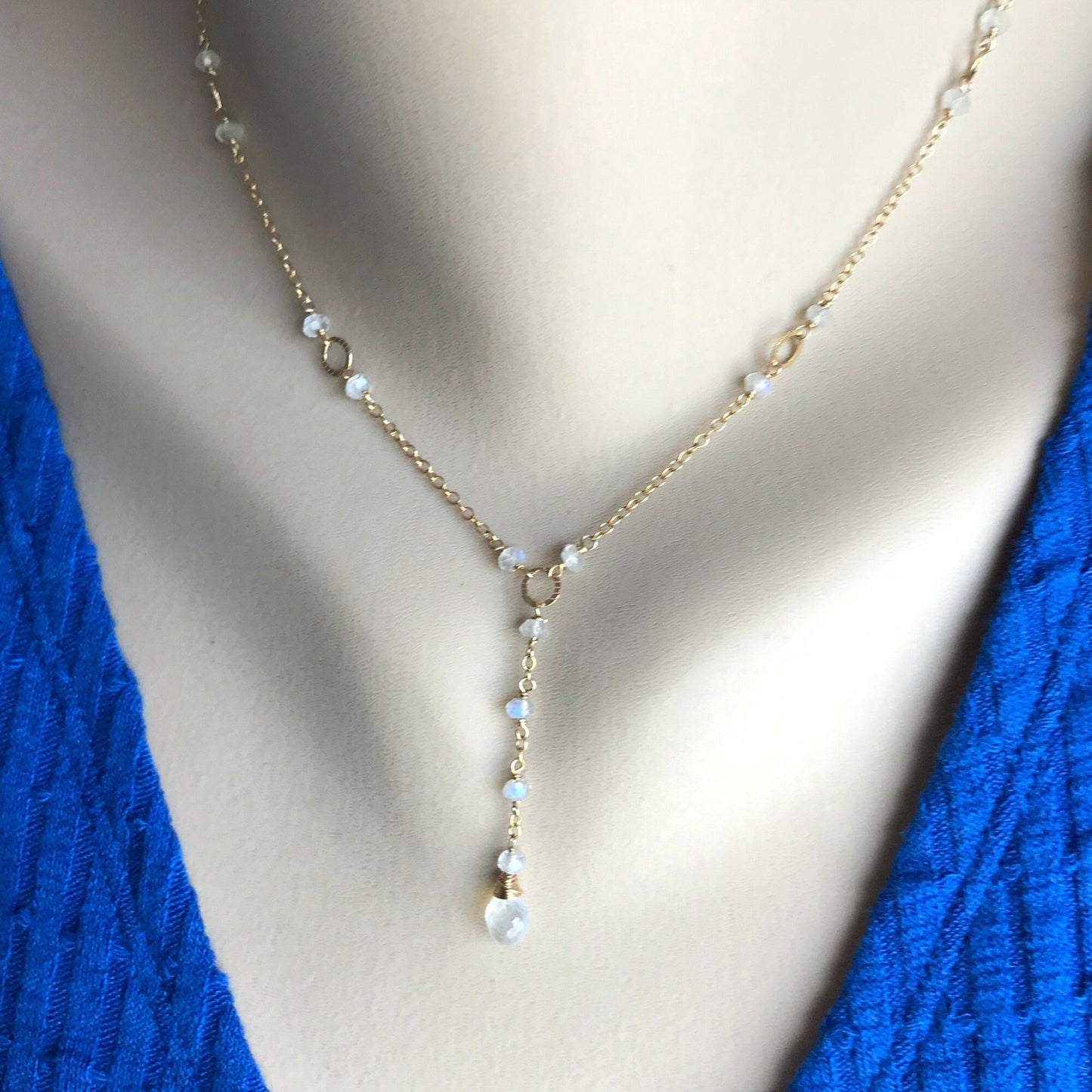 Dainty Moonstone Necklace,June Birthstone Jewelry,Layering Necklace, Drop Layering Necklace,Simple Y Necklace,White Drop Necklace