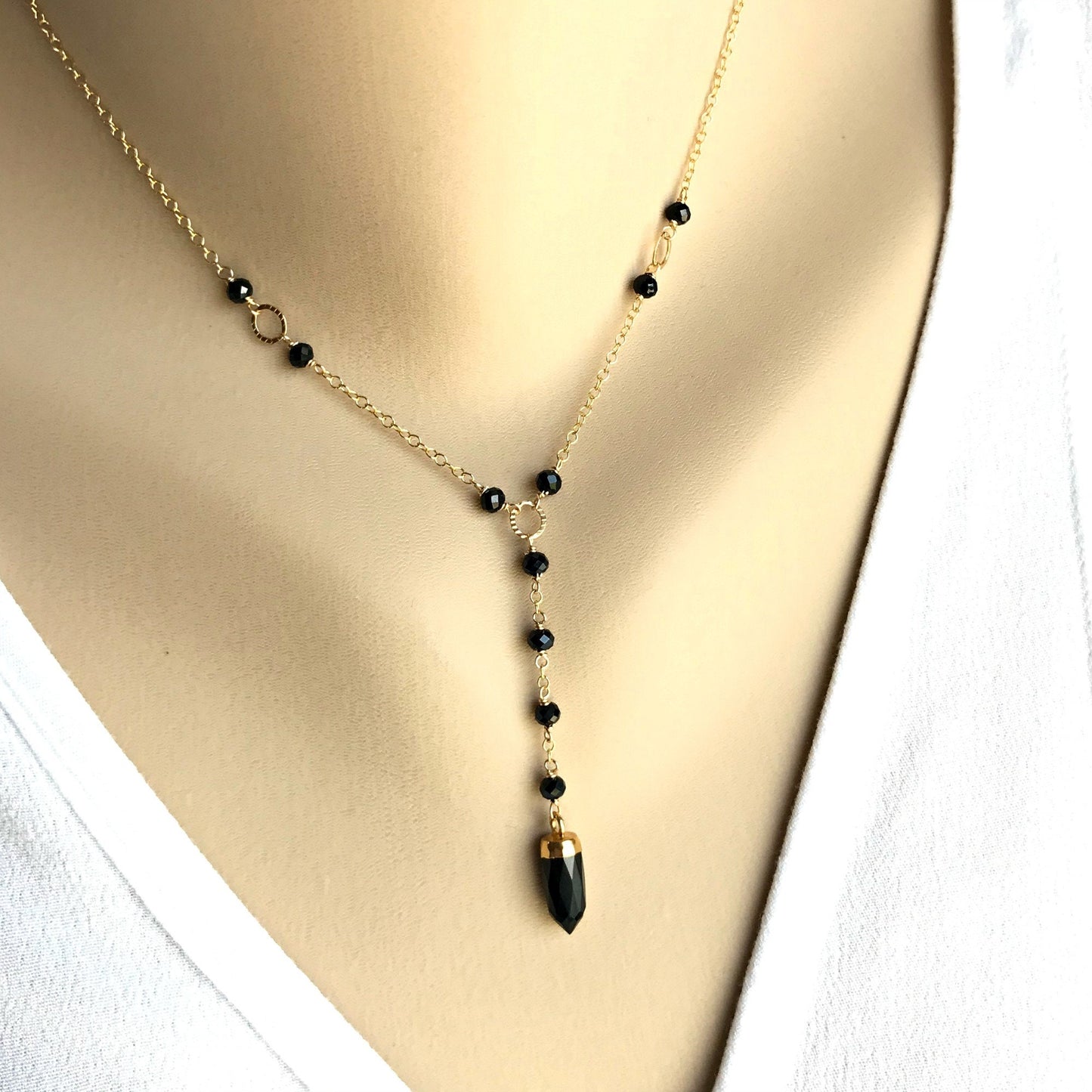 Y Necklace Moonstone Necklace June Birthstone Delicate Lariat Short Y Necklace Dainty Necklace Layering Necklace Black Necklace