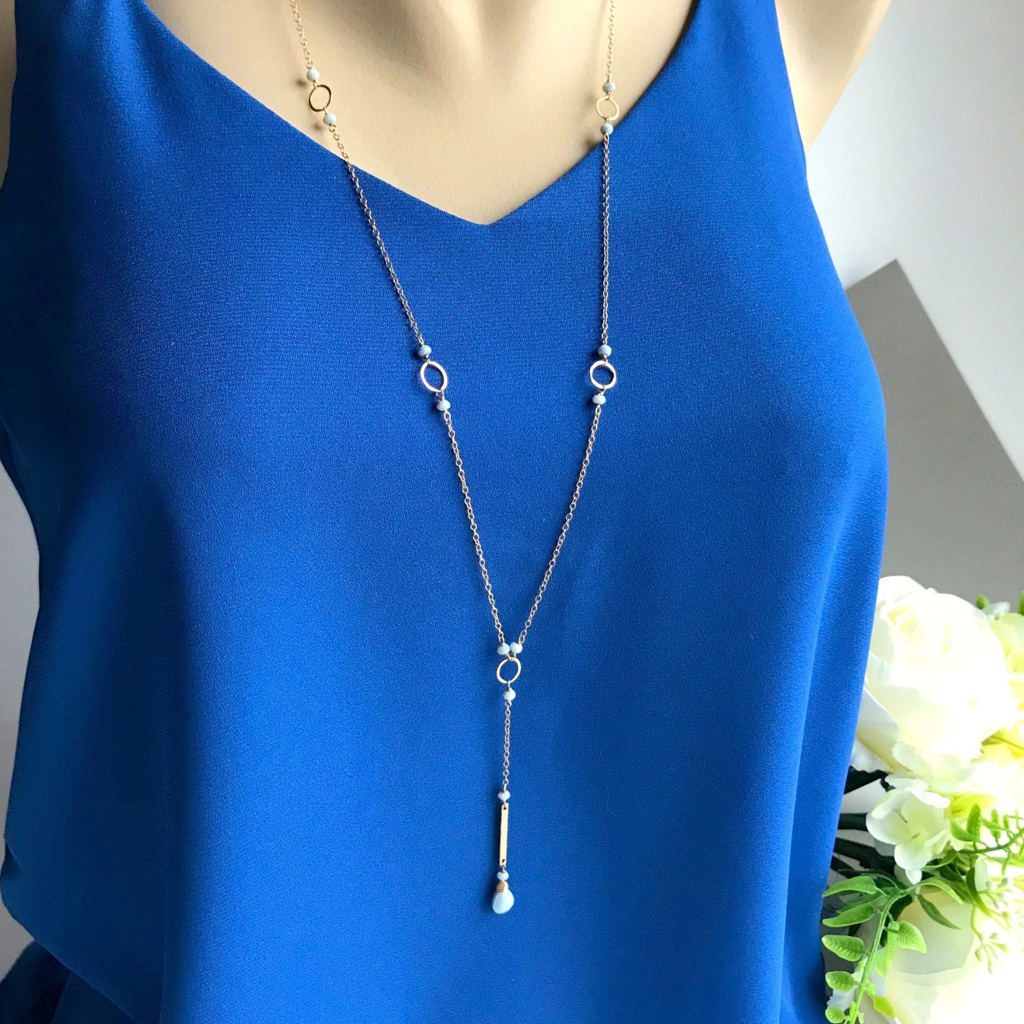 Blue Opal Necklace Y Necklace Lariat Necklace October Birthstone Blue Necklace Layering Necklace Bar Necklace Dainty Necklace Gift for Her