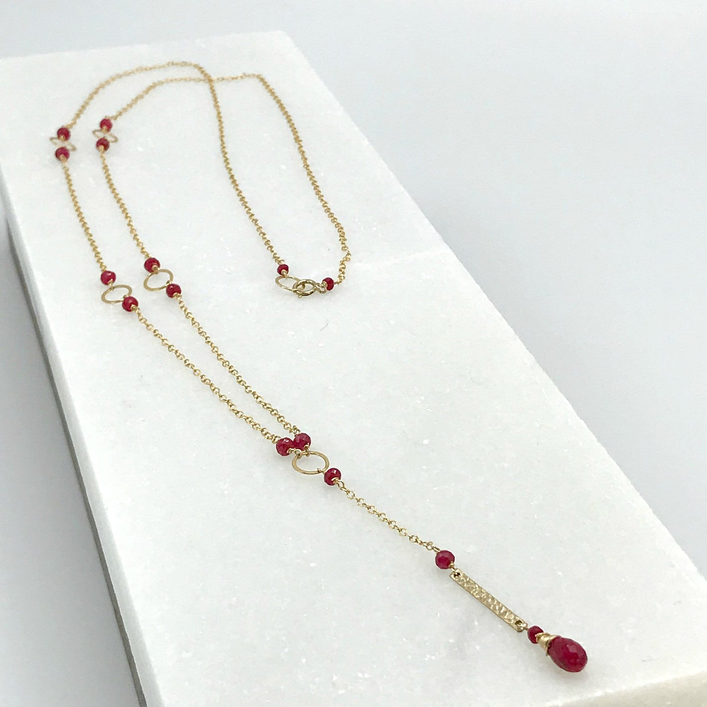 Ruby Y Necklace,July Birthstone,Long Delicate Necklace, Simple Layering Necklace,Genuine Ruby Bar Necklace, Gold Lariat Necklace