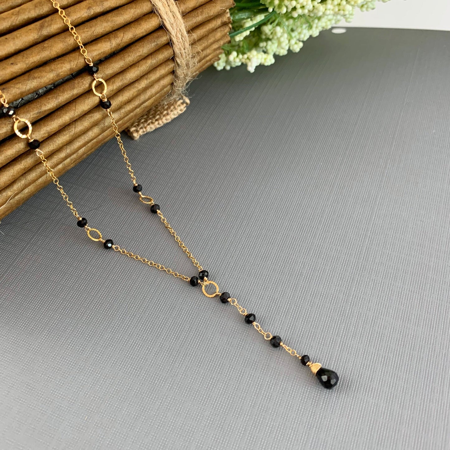 Black Y Necklace,Black and Gold Lariat,Delicate Women Necklace,Necklace for Women,Drop Necklace,Gold Y Necklace,Gemstone Necklace