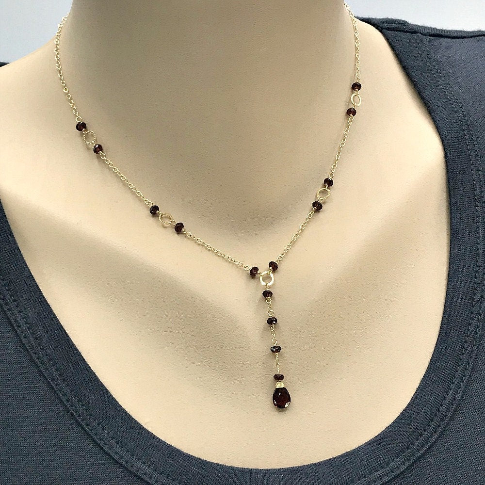 Garnet Y Necklace,January Birthstone, Gemstone Lariat Necklace,Simple Layering Garnet Necklace, Gold Drop Y Necklace,Garnet Lariat Necklace