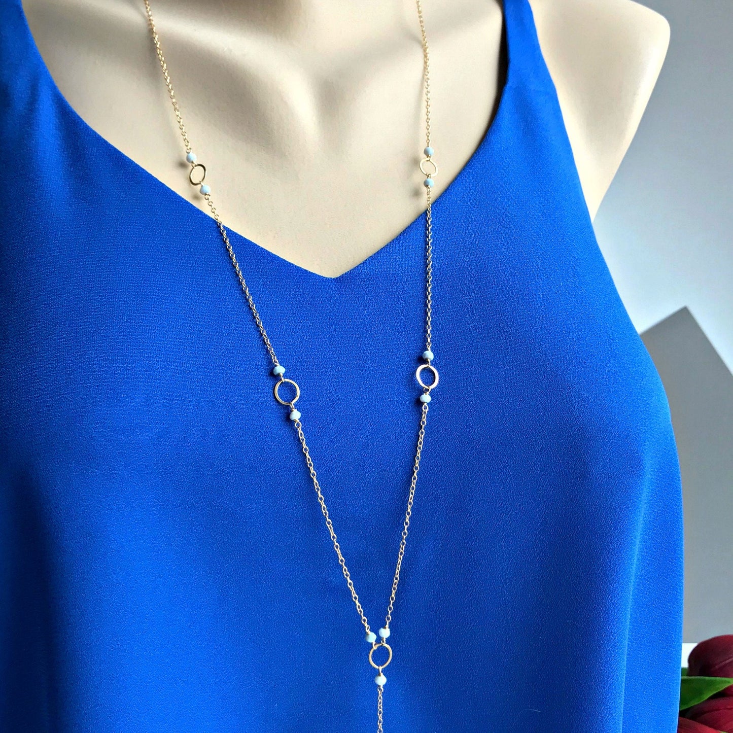 Blue Opal Necklace Y Necklace Lariat Necklace October Birthstone Blue Necklace Layering Necklace Bar Necklace Dainty Necklace Gift for Her