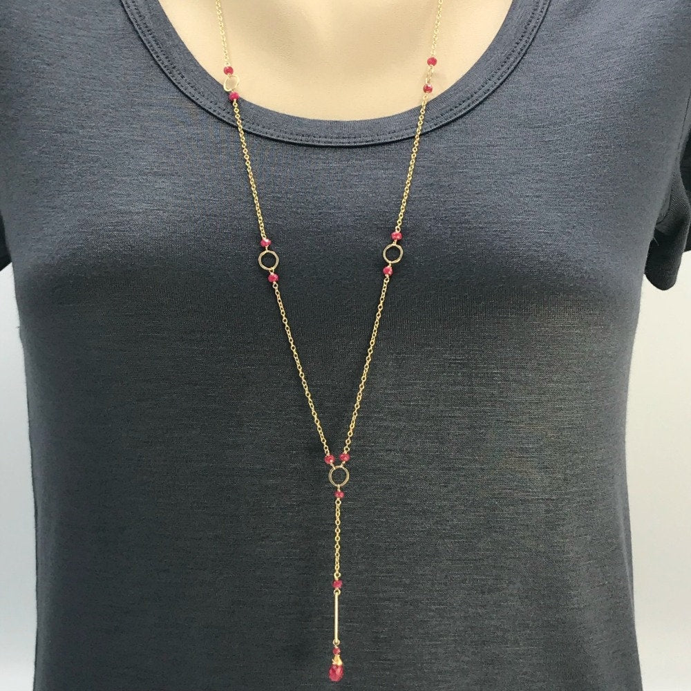 Ruby Y Necklace,July Birthstone,Long Delicate Necklace, Simple Layering Necklace,Genuine Ruby Bar Necklace, Gold Lariat Necklace