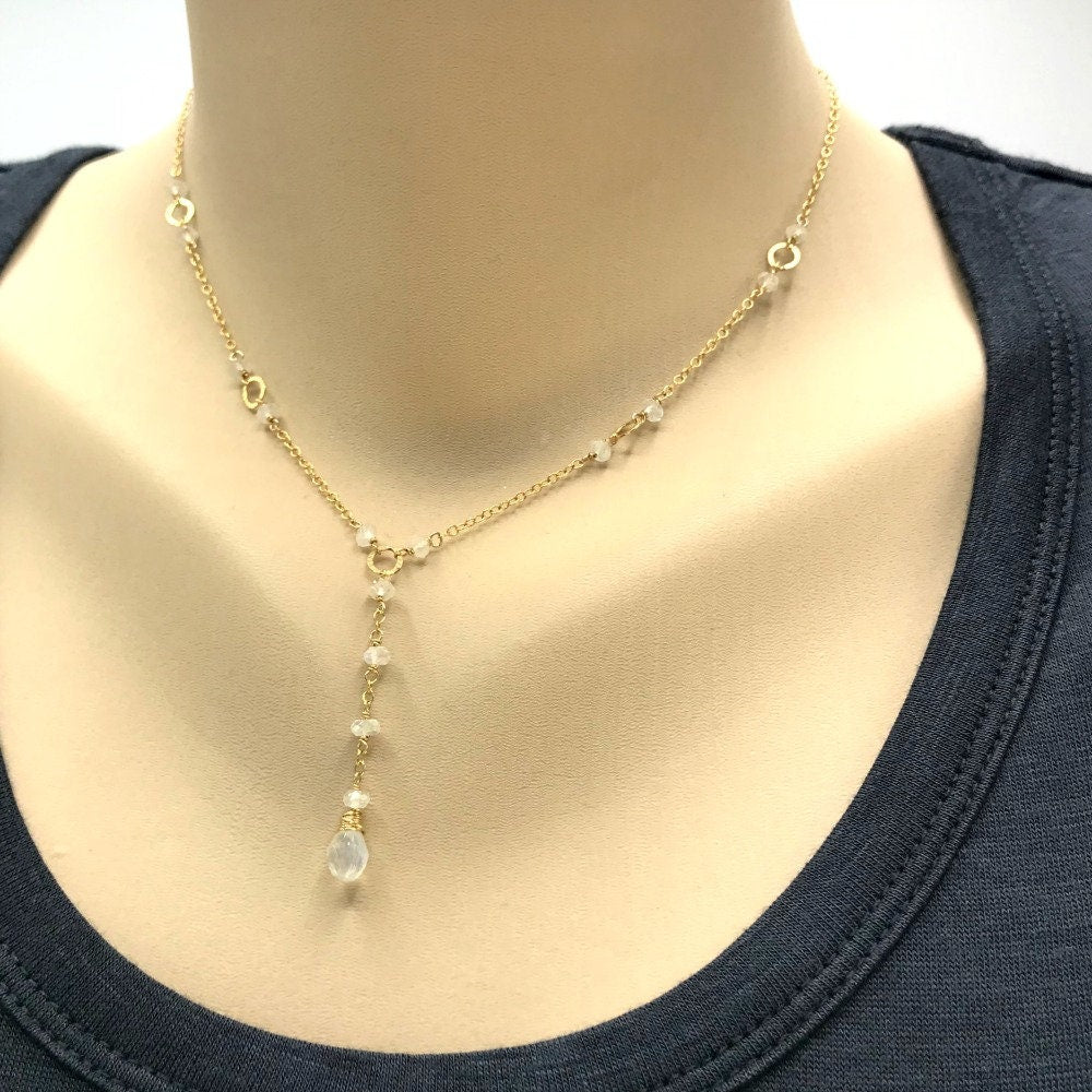 Dainty Moonstone Necklace,June Birthstone Jewelry,Layering Necklace, Drop Layering Necklace,Simple Y Necklace,White Drop Necklace