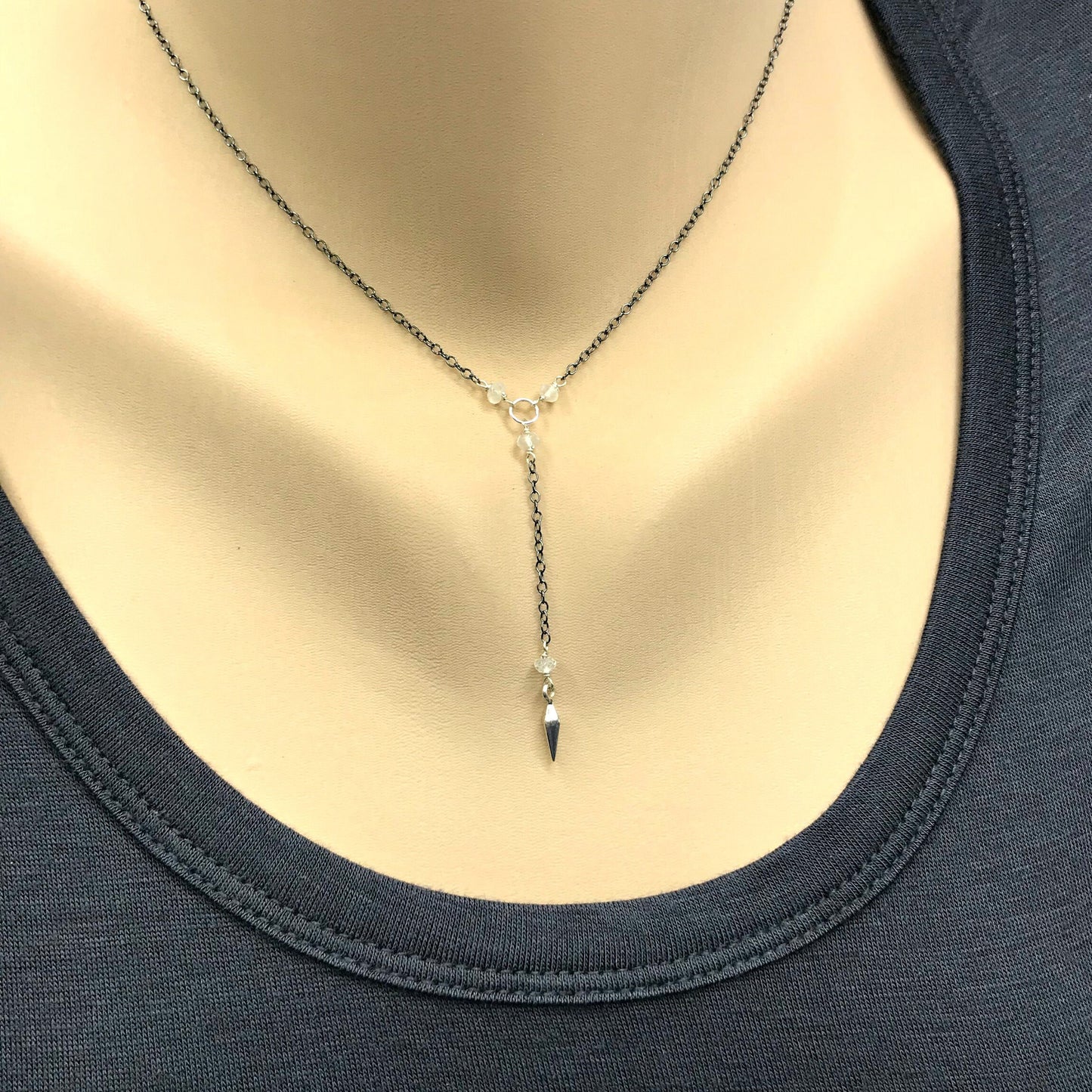 Silver Y Necklace Dainty Necklace Bohemian Jewelry Layering Necklace Short Lariat Delicate Necklace June Birthstone Bridesmaid Gift