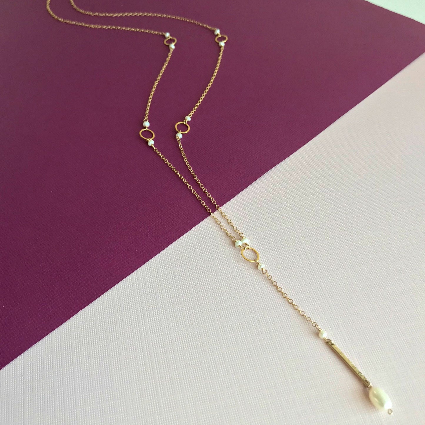 Bar Drop Necklace,Pearl Y Necklace,Simple Y Necklace,Long Necklace,Gold Y Necklace,June Birthstone,Layered Necklace,Delicate Lariat