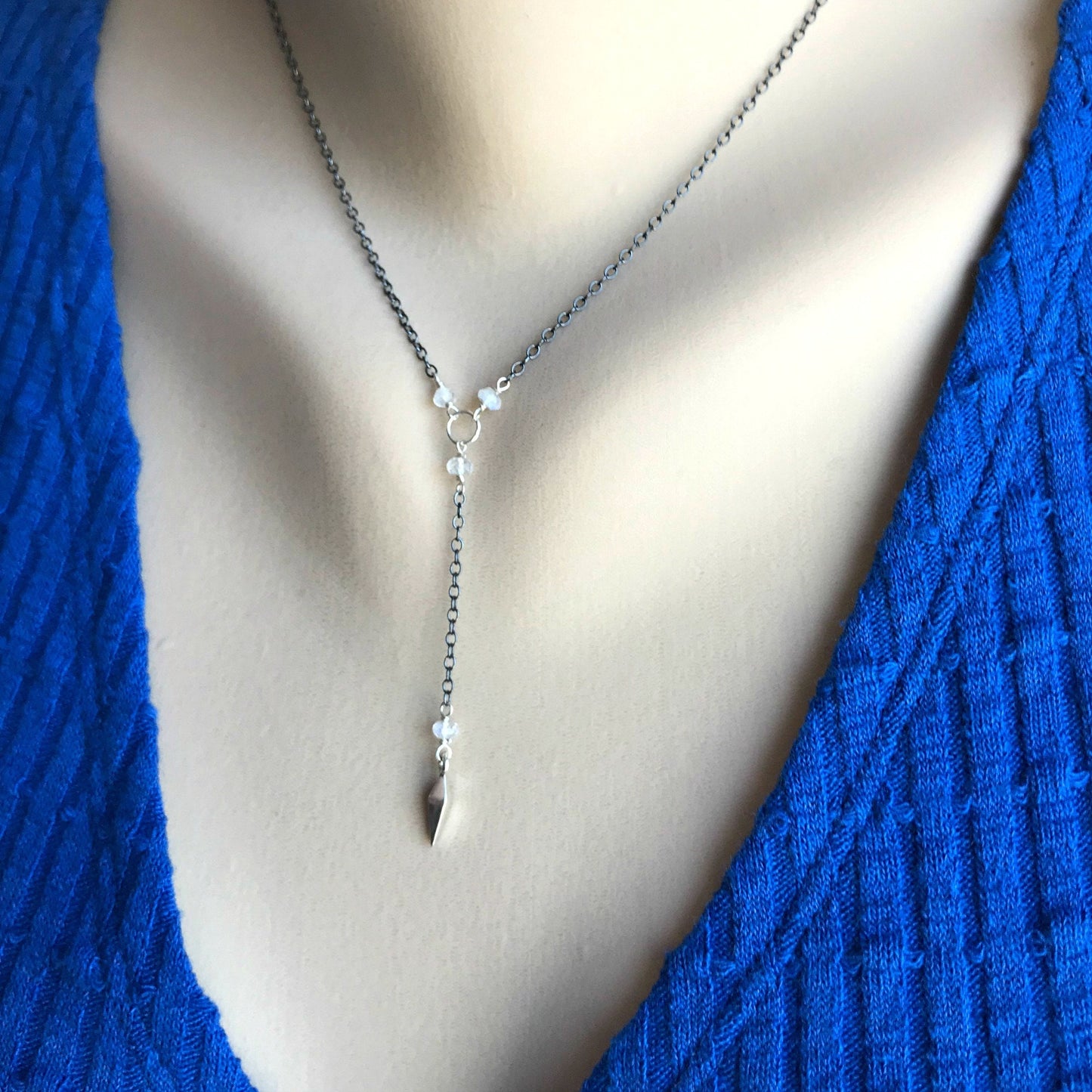 Silver Y Necklace Dainty Necklace Bohemian Jewelry Layering Necklace Short Lariat Delicate Necklace June Birthstone Bridesmaid Gift