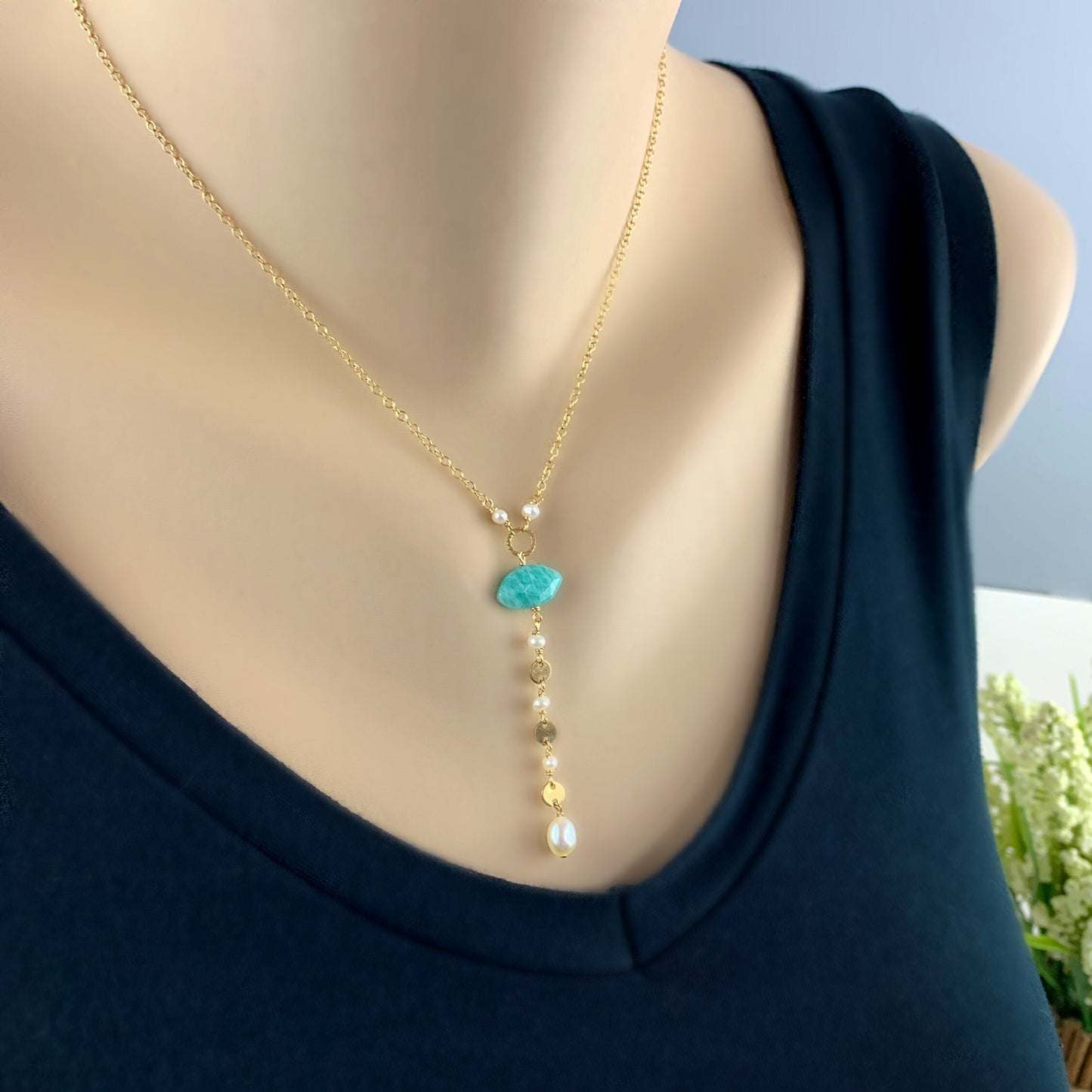 Pearl Necklace Amazonite Necklace Y Necklace Lariat Necklace Birthstone Jewelry Gold Necklace Necklace for Women Dainty Necklace