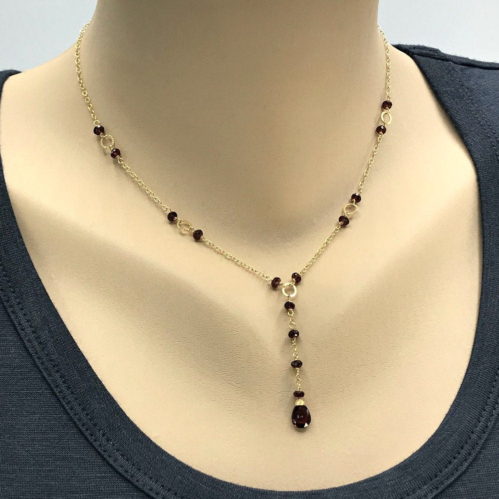 Garnet Y Necklace,January Birthstone, Gemstone Lariat Necklace,Simple Layering Garnet Necklace, Gold Drop Y Necklace,Garnet Lariat Necklace
