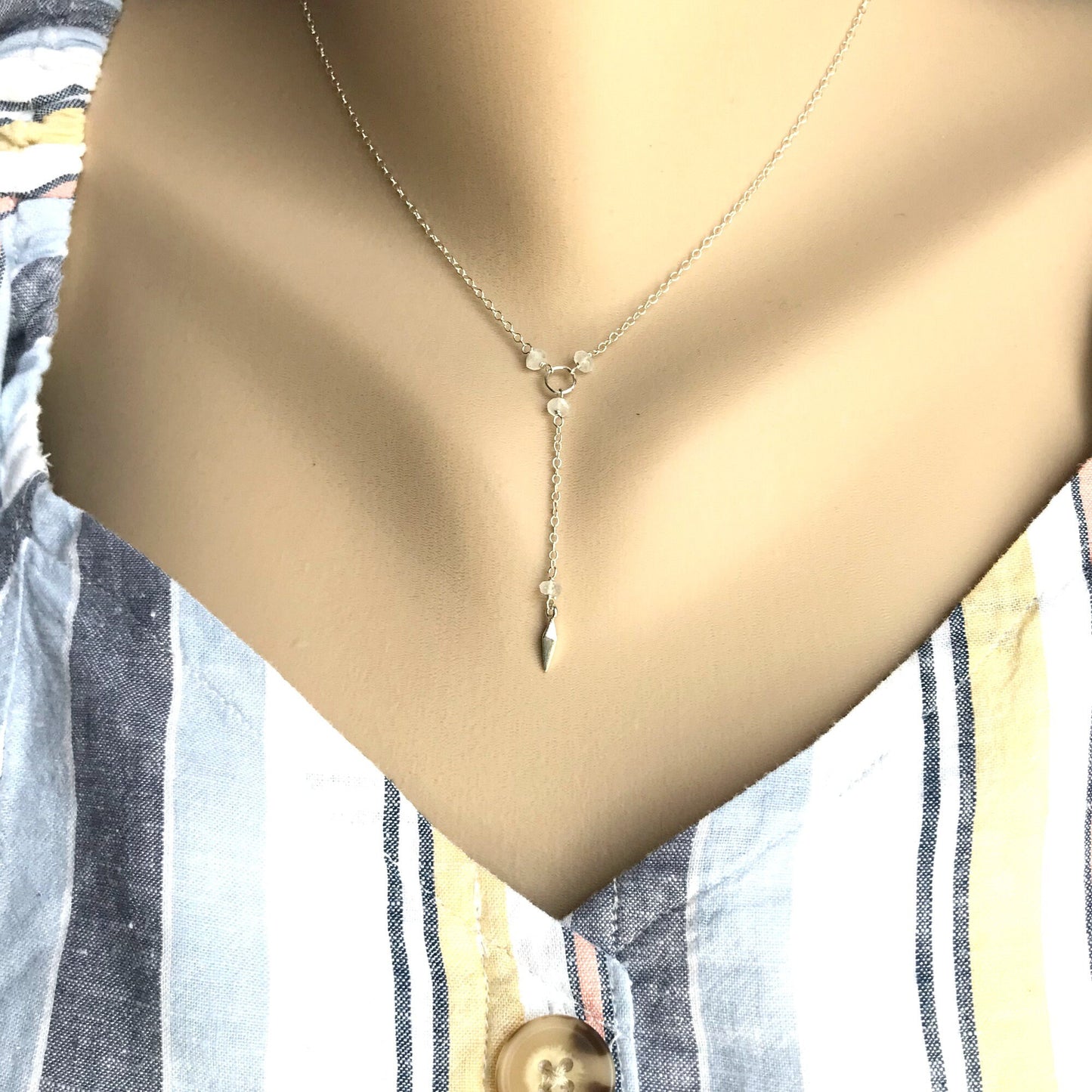 Silver Y Necklace Dainty Necklace Bohemian Jewelry Layering Necklace Short Lariat Delicate Necklace June Birthstone Bridesmaid Gift