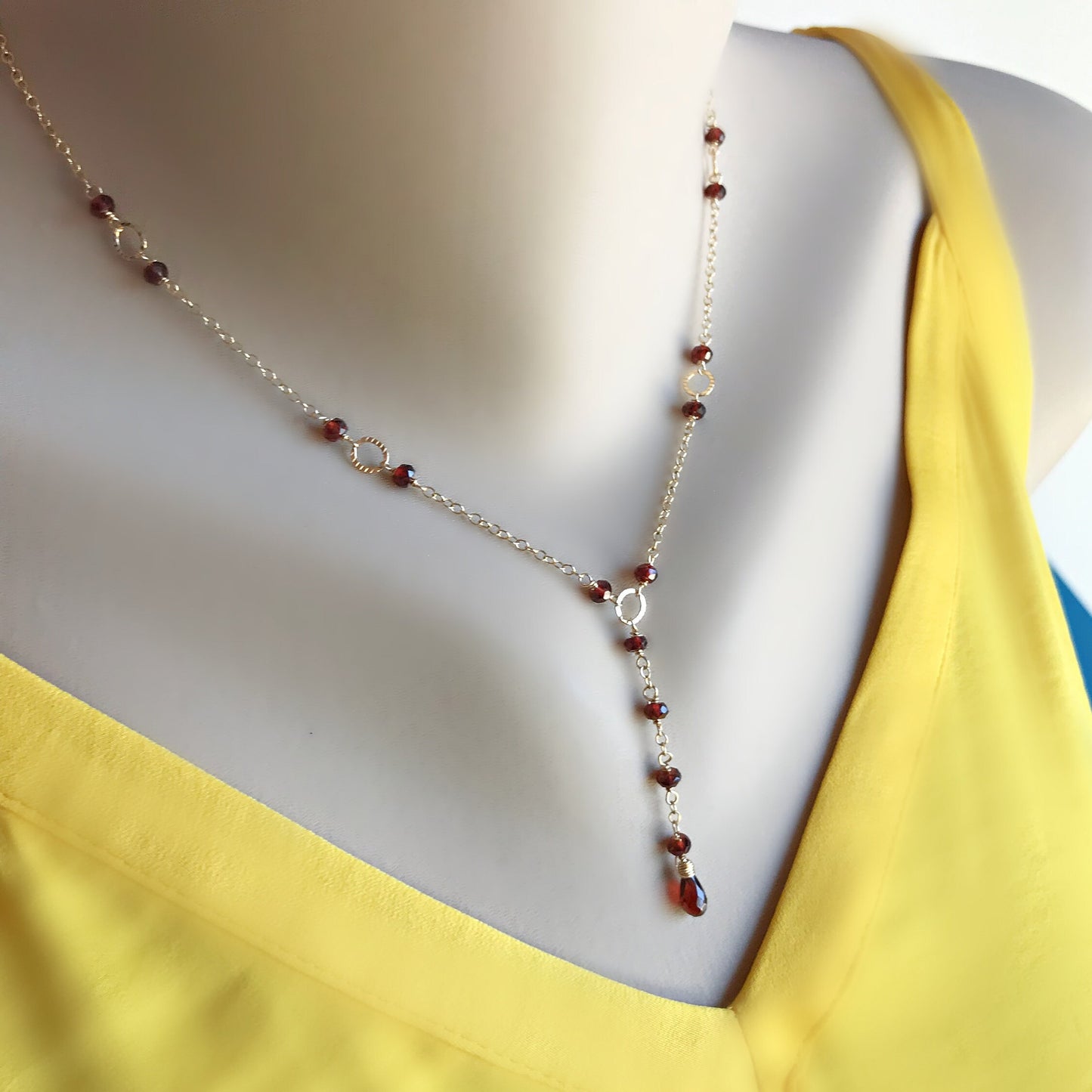 Garnet Y Necklace,January Birthstone, Gemstone Lariat Necklace,Simple Layering Garnet Necklace, Gold Drop Y Necklace,Garnet Lariat Necklace