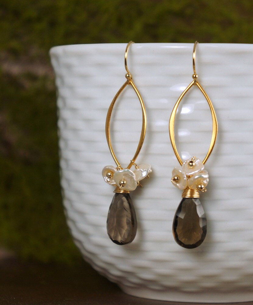 Smoky Quartz Pearls Earrings Cluster Earrings Dangling Earrings Drop Earrings Gemstone Earrings Gift for Her Women Earrings Unique Earrings