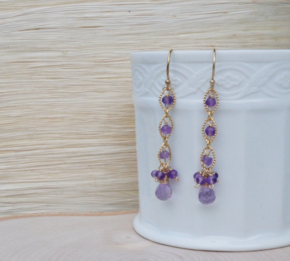 Purple Amethyst Earrings,February Birthstone Earrings,Gold Drop Dangle Earrings,Dainty Simple Earrings,Handmade Gemstone Earrings