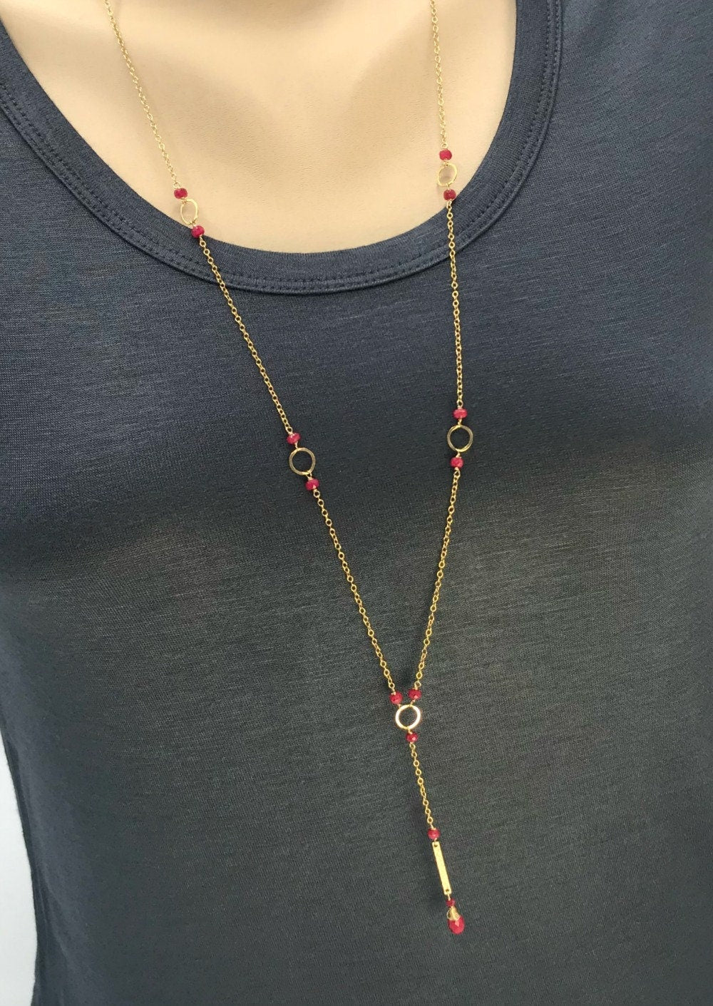 Ruby Y Necklace,July Birthstone,Long Delicate Necklace, Simple Layering Necklace,Genuine Ruby Bar Necklace, Gold Lariat Necklace