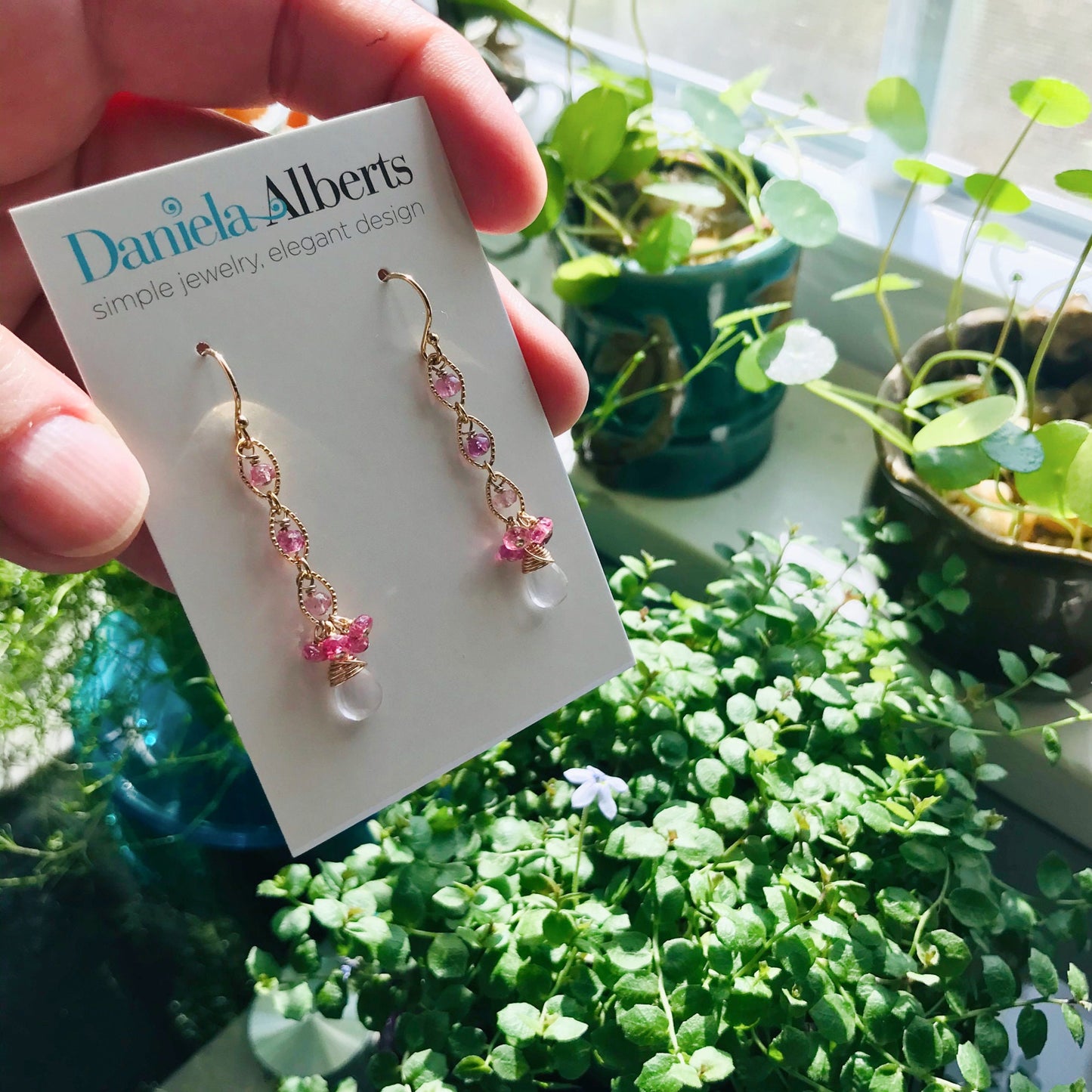 Pink Tourmaline Earrings,Rose Quartz Earrings,October Birthstone,Cute Linear Earrings,Cluster Earrings, Dainty Earrings,Pink Earrings