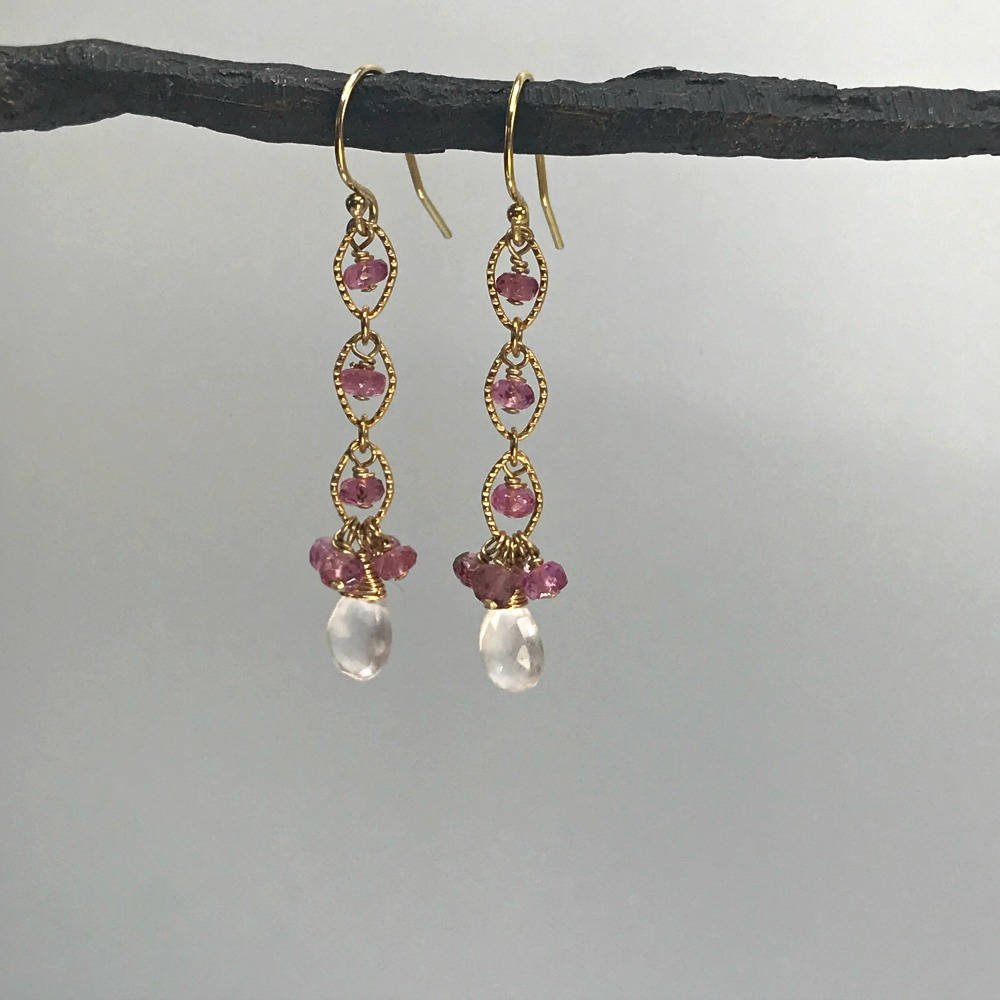 Pink Tourmaline Earrings,Rose Quartz Earrings,October Birthstone,Cute Linear Earrings,Cluster Earrings, Dainty Earrings,Pink Earrings