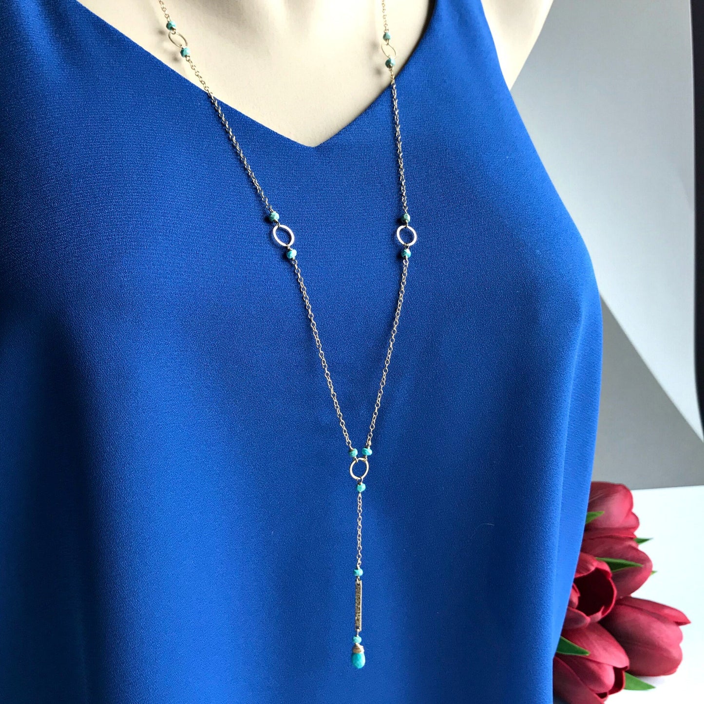 Genuine Turquoise Necklace - December Birthstone, Dainty Gold Y Drop, Perfect for Layering, Everyday Jewelry Gift