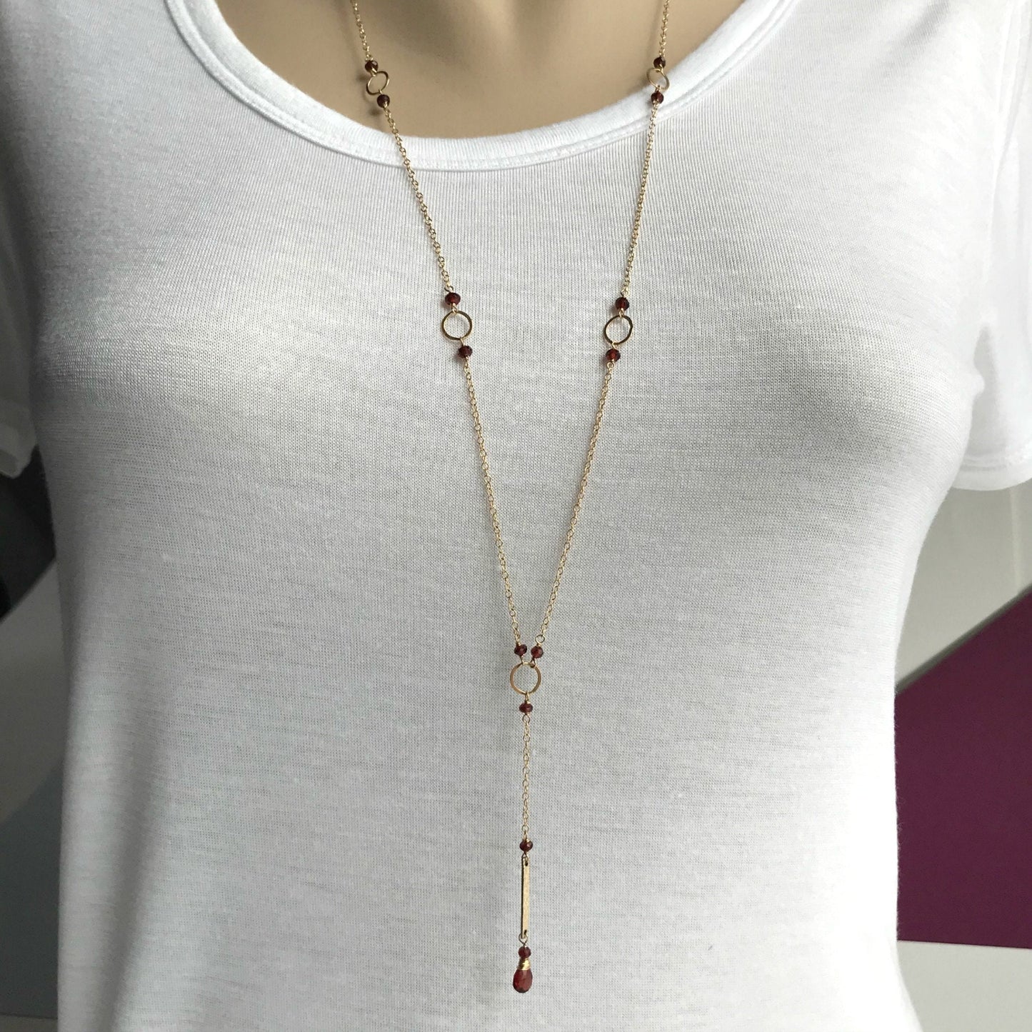 Garnet Y Necklace,January Birthstone Lariat, Dainty Gemstone Necklace, Layering Delicate Necklace, Long Bar Necklace, Cute Necklace