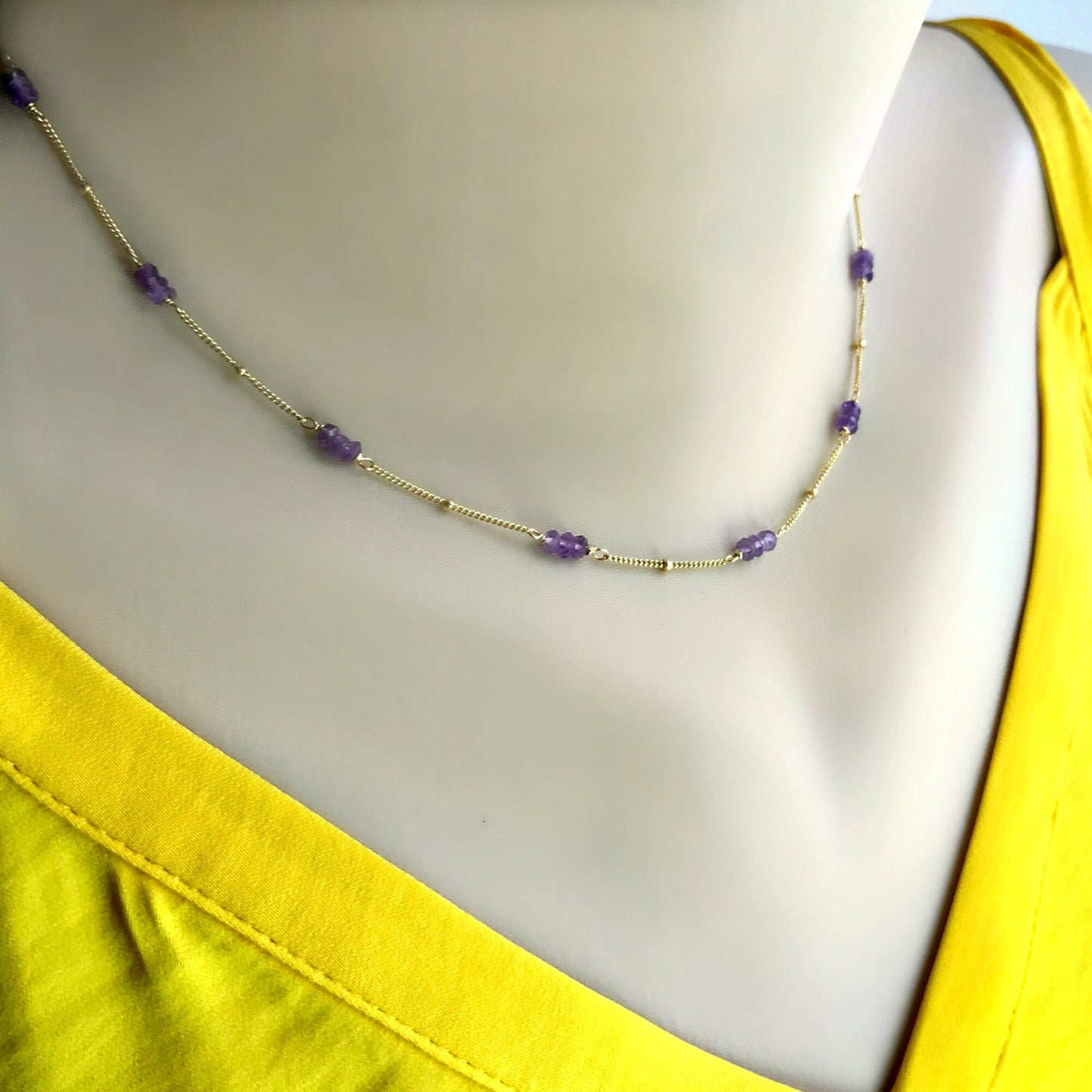 Delicate Amethyst Gemstone Necklace for Everyday Elegance,Dainty Amethyst Layering Necklace with Gold Satellite Chain, Daily Wear Necklace