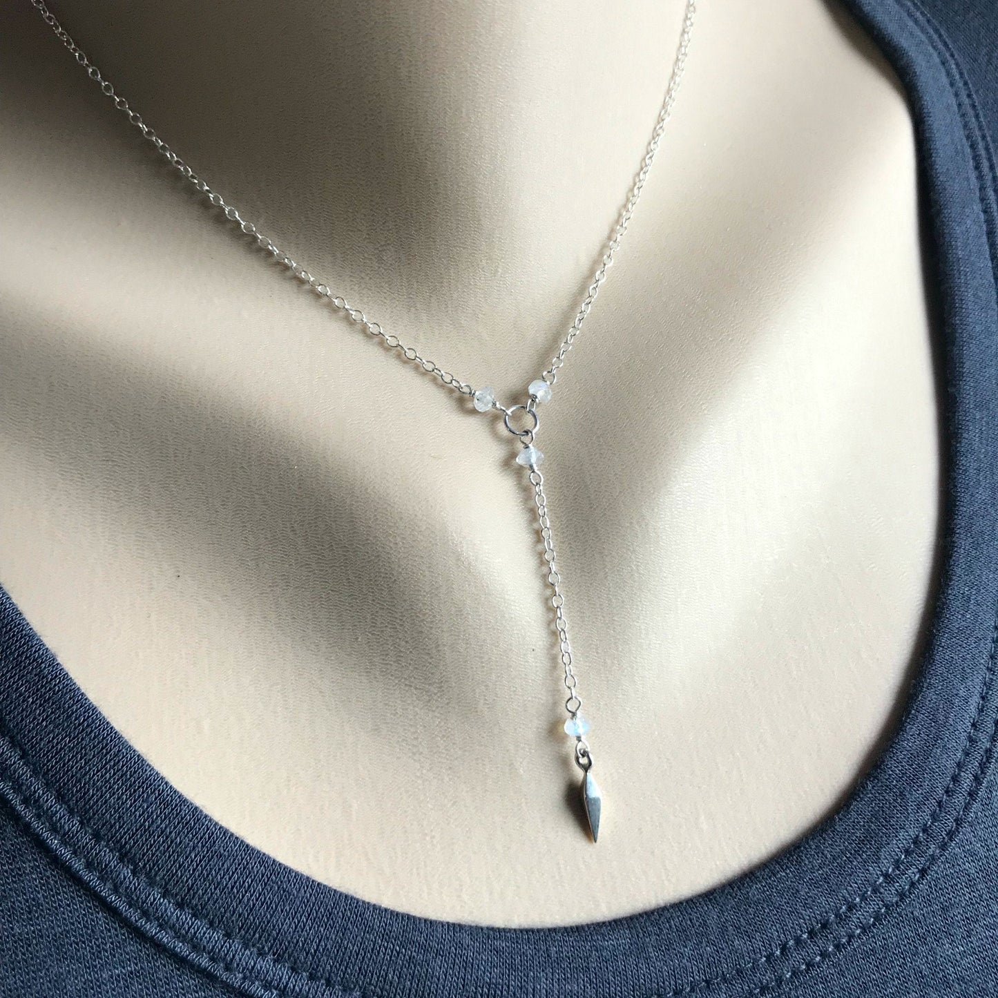 Silver Y Necklace Dainty Necklace Bohemian Jewelry Layering Necklace Short Lariat Delicate Necklace June Birthstone Bridesmaid Gift
