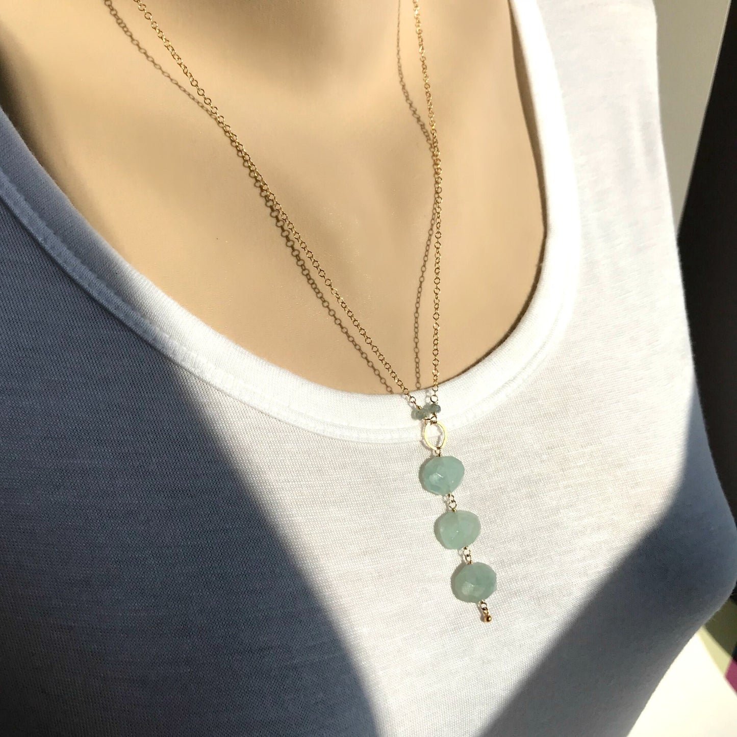 Dainty Aquamarine Drop Y Necklace,Simple Layering Necklace,Delicate Gemstone Necklace, March Birthstone Necklace,Long Gold Layering Necklace