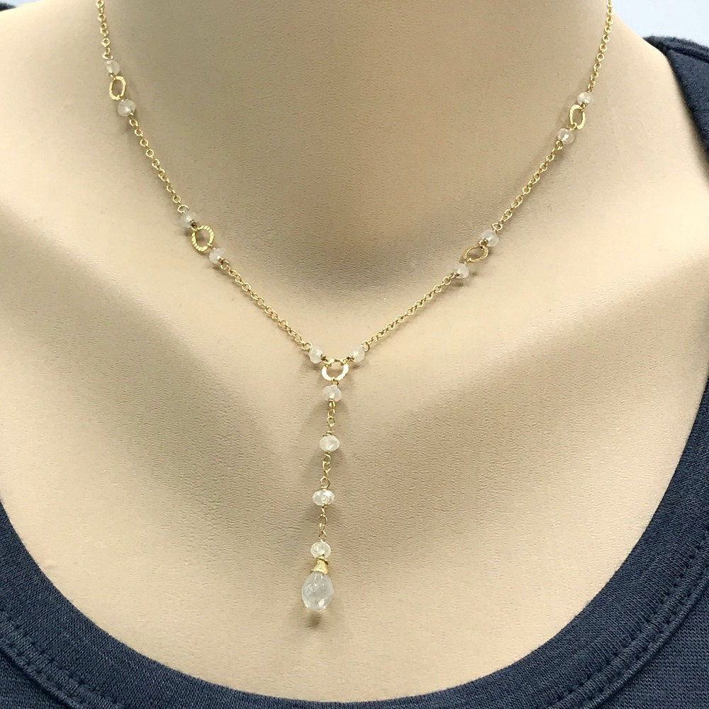 Dainty Moonstone Necklace,June Birthstone Jewelry,Layering Necklace, Drop Layering Necklace,Simple Y Necklace,White Drop Necklace