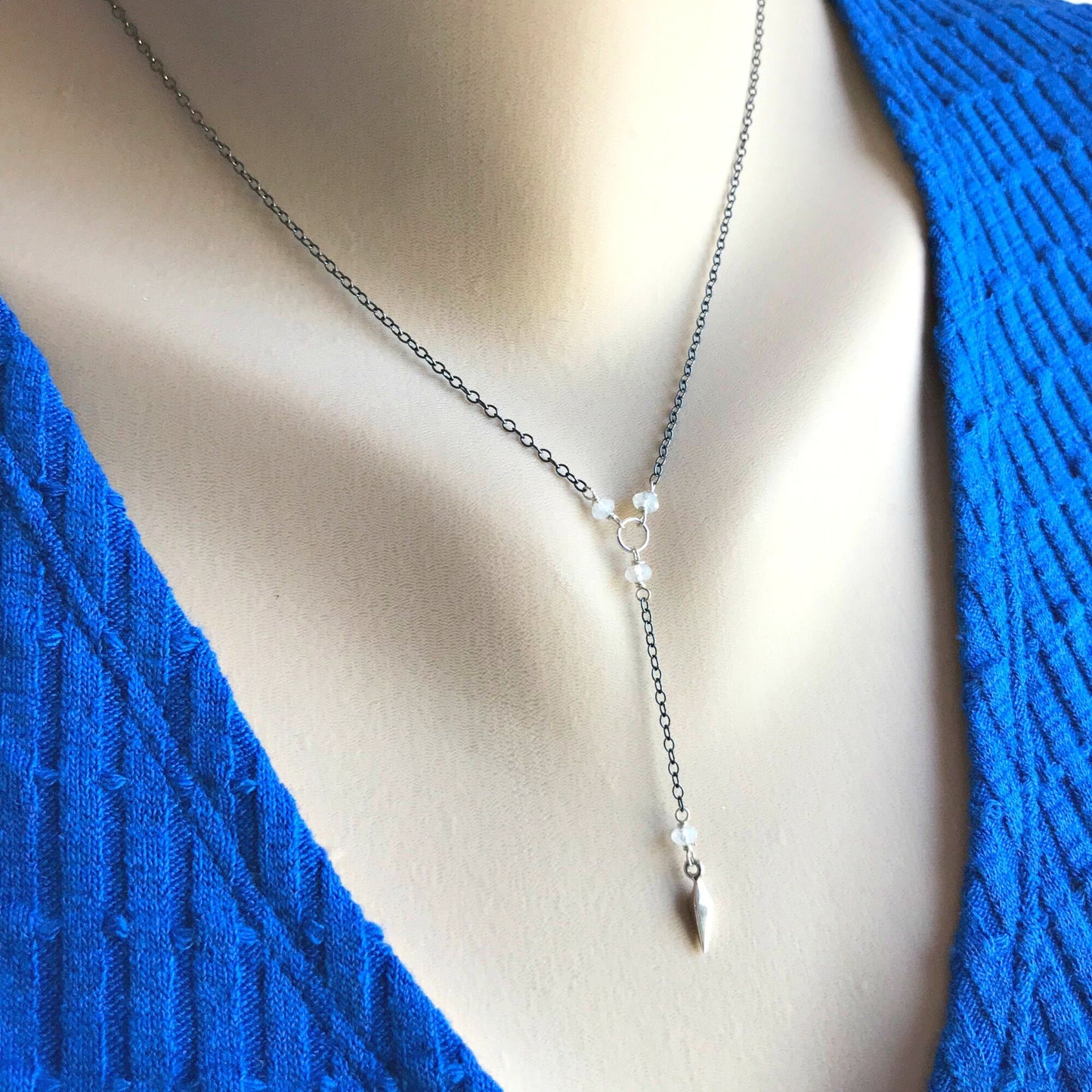 Silver Y Necklace Dainty Necklace Bohemian Jewelry Layering Necklace Short Lariat Delicate Necklace June Birthstone Bridesmaid Gift