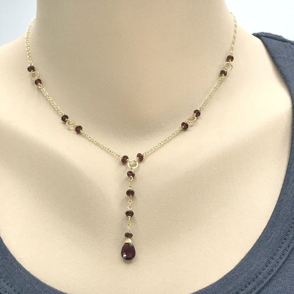 Garnet Y Necklace,January Birthstone, Gemstone Lariat Necklace,Simple Layering Garnet Necklace, Gold Drop Y Necklace,Garnet Lariat Necklace