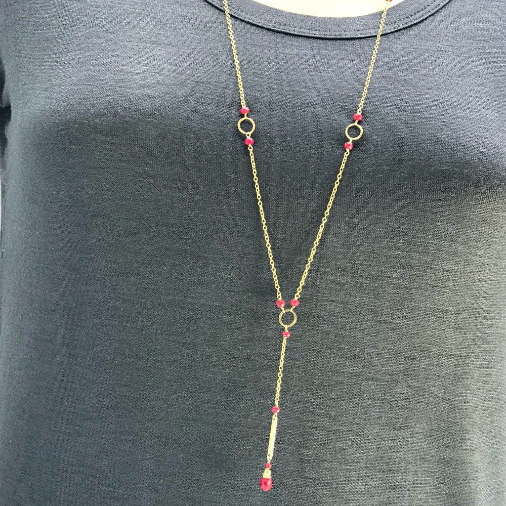 Ruby Y Necklace,July Birthstone,Long Delicate Necklace, Simple Layering Necklace,Genuine Ruby Bar Necklace, Gold Lariat Necklace