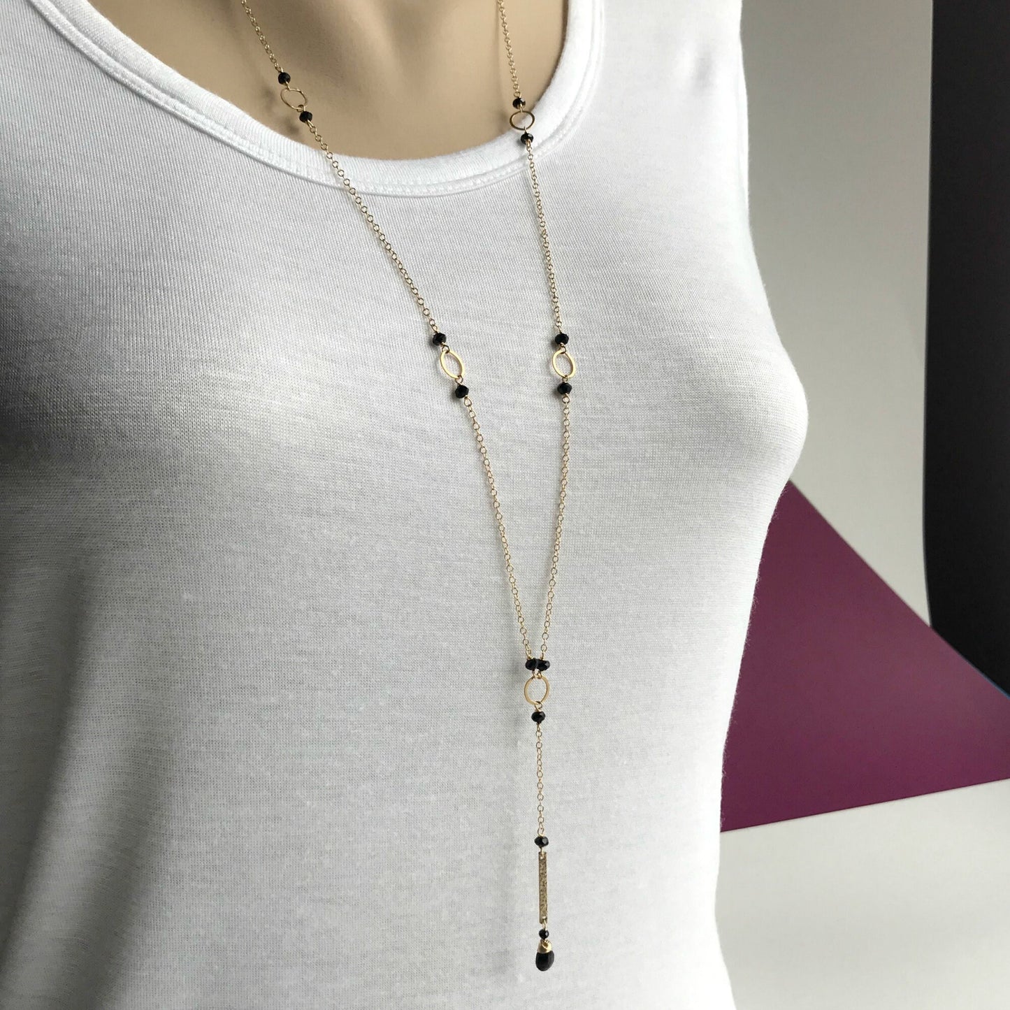 Elegant Black Spinel Y Necklace | Minimalist Layering Necklace in Gold & Silver | Chic Long Necklace with Delicate Spinel Detail