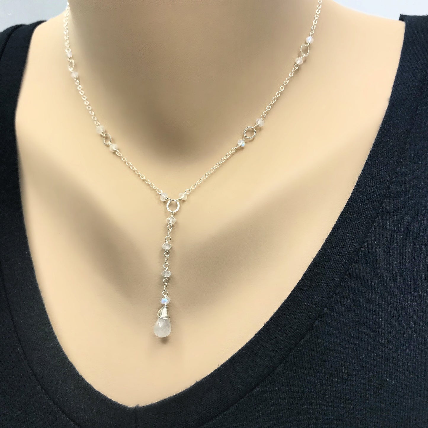 Dainty Moonstone Necklace,June Birthstone Jewelry,Layering Necklace, Drop Layering Necklace,Simple Y Necklace,White Drop Necklace