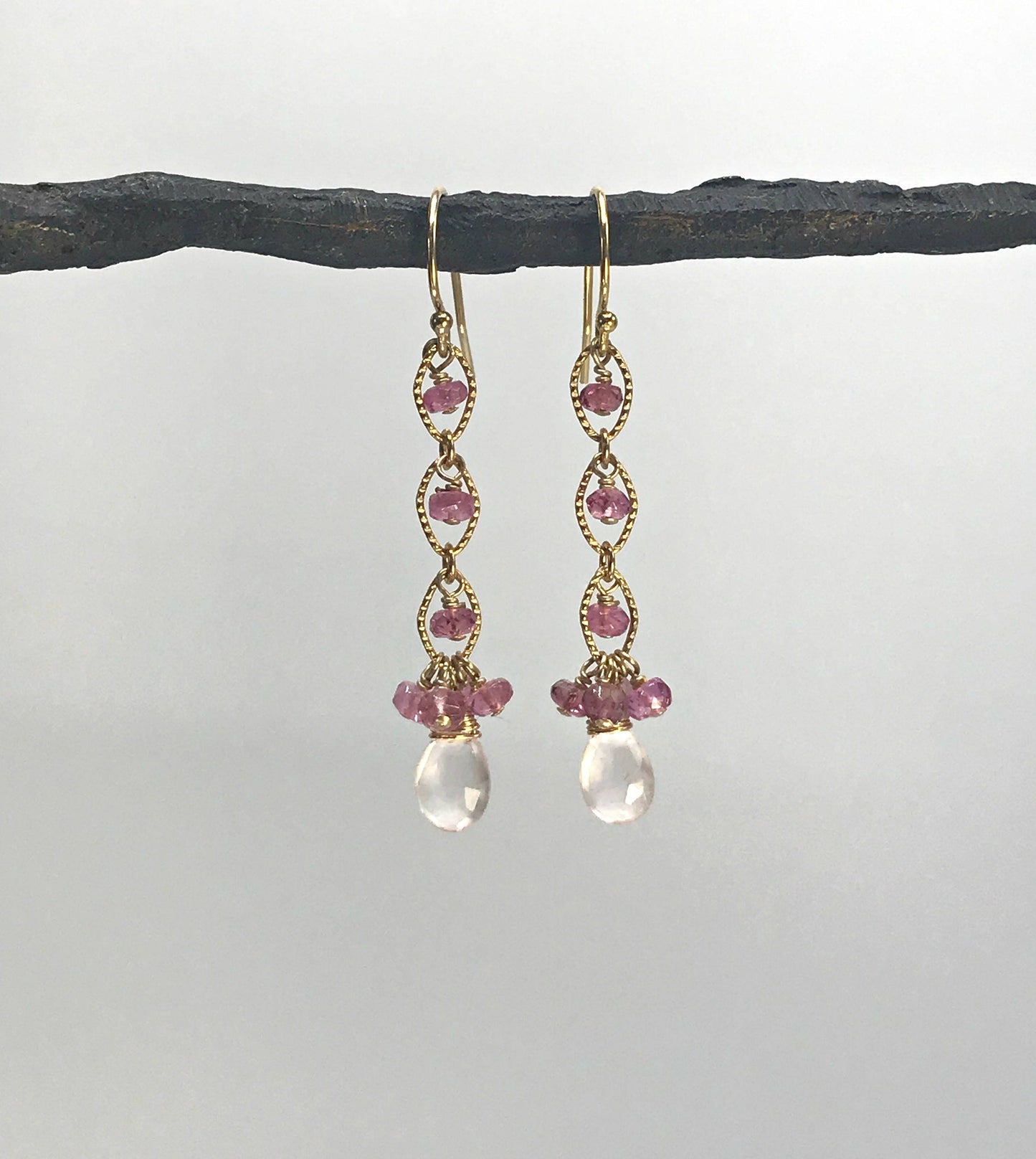 Pink Tourmaline Earrings,Rose Quartz Earrings,October Birthstone,Cute Linear Earrings,Cluster Earrings, Dainty Earrings,Pink Earrings