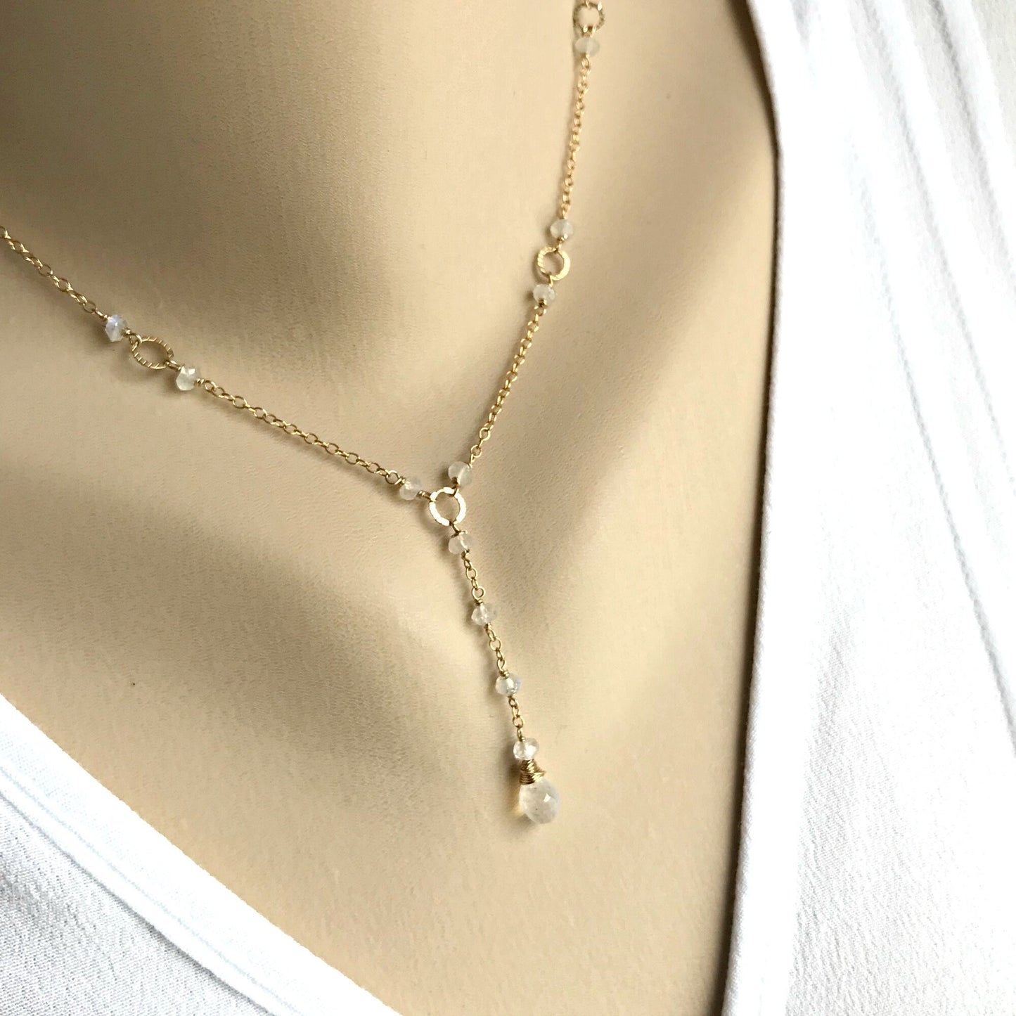Dainty Moonstone Necklace,June Birthstone Jewelry,Layering Necklace, Drop Layering Necklace,Simple Y Necklace,White Drop Necklace