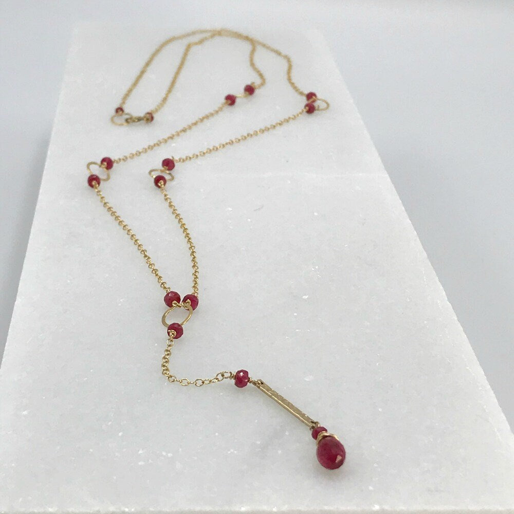 Ruby Y Necklace,July Birthstone,Long Delicate Necklace, Simple Layering Necklace,Genuine Ruby Bar Necklace, Gold Lariat Necklace