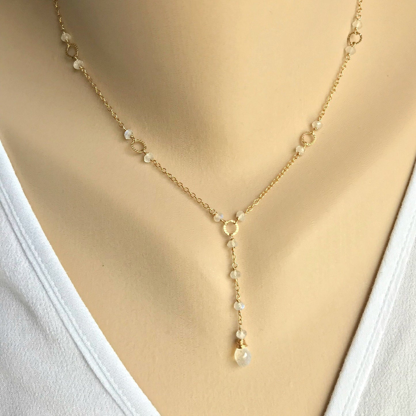 Dainty Moonstone Necklace,June Birthstone Jewelry,Layering Necklace, Drop Layering Necklace,Simple Y Necklace,White Drop Necklace