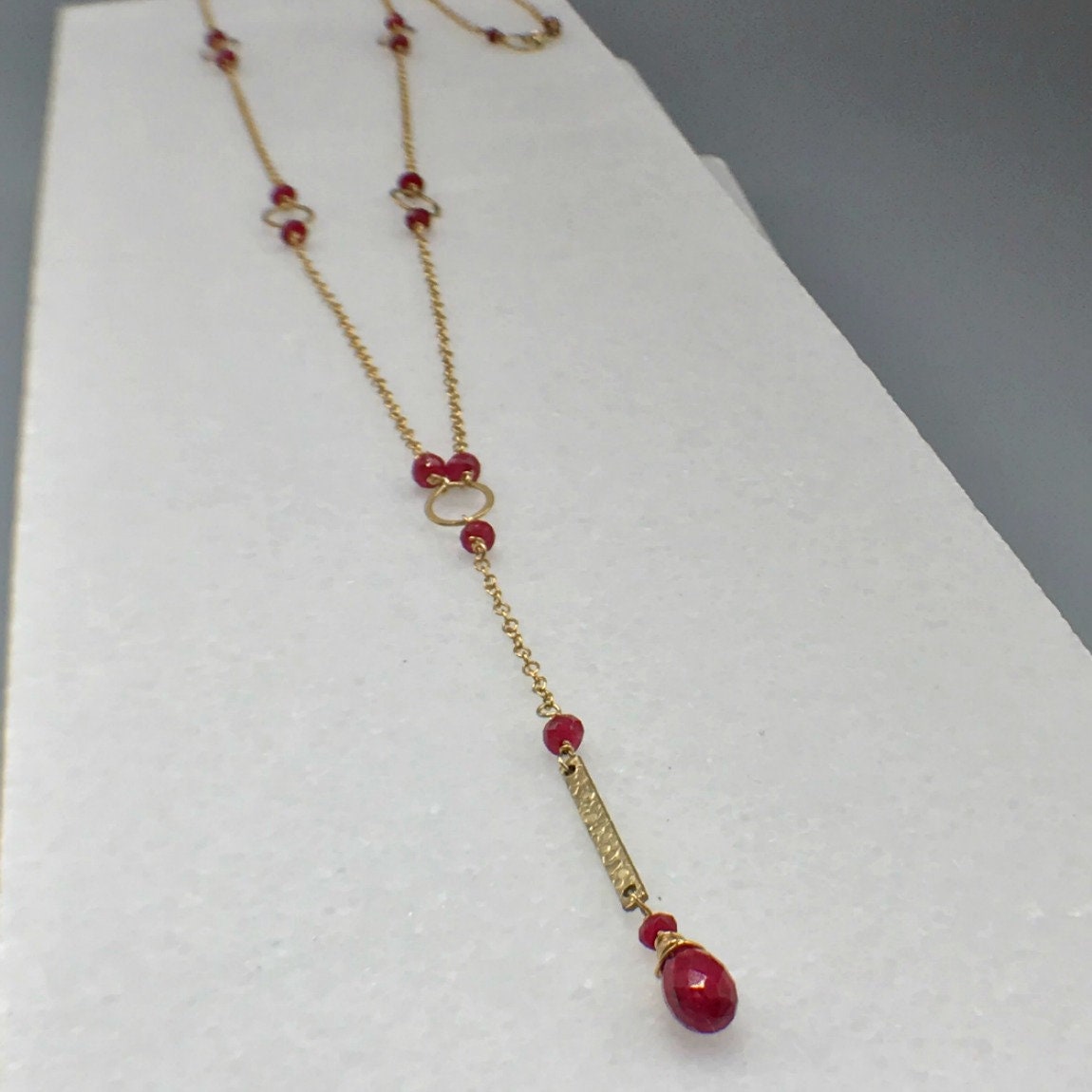 Ruby Y Necklace,July Birthstone,Long Delicate Necklace, Simple Layering Necklace,Genuine Ruby Bar Necklace, Gold Lariat Necklace