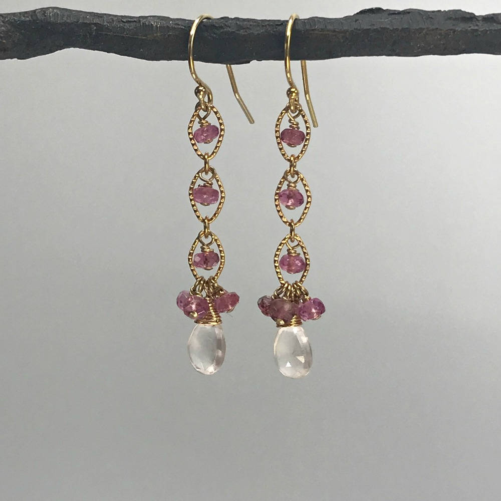 Pink Tourmaline Earrings,Rose Quartz Earrings,October Birthstone,Cute Linear Earrings,Cluster Earrings, Dainty Earrings,Pink Earrings