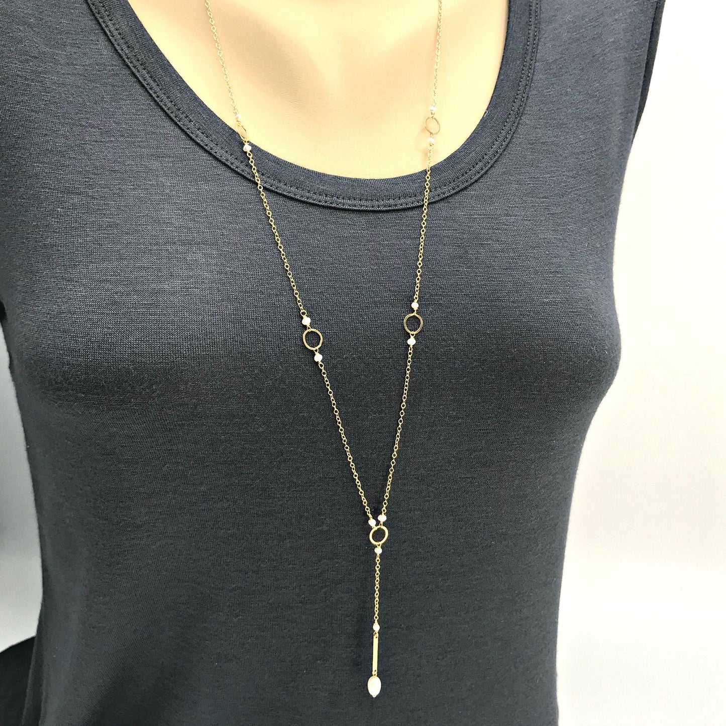Bar Drop Necklace,Pearl Y Necklace,Simple Y Necklace,Long Necklace,Gold Y Necklace,June Birthstone,Layered Necklace,Delicate Lariat