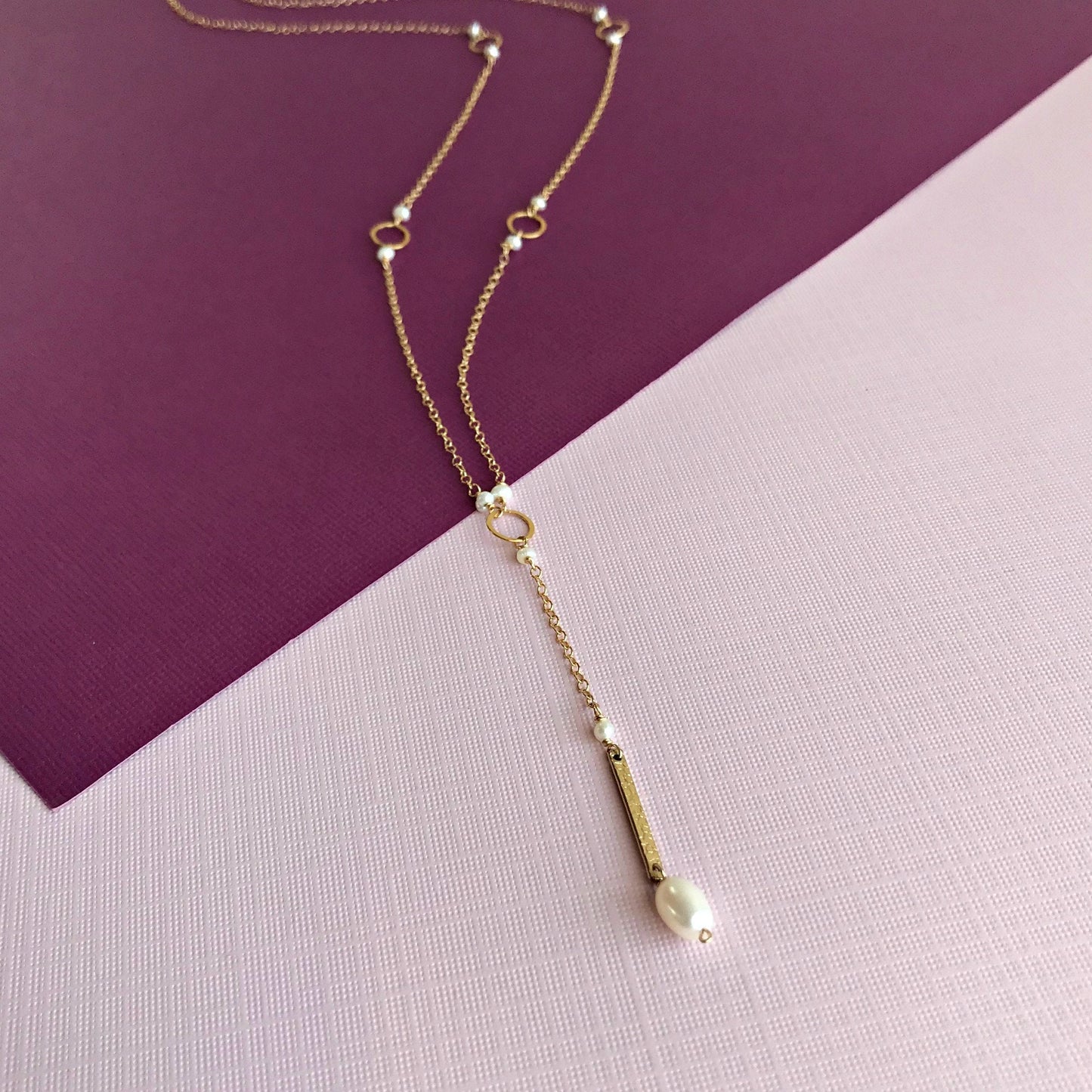 Bar Drop Necklace,Pearl Y Necklace,Simple Y Necklace,Long Necklace,Gold Y Necklace,June Birthstone,Layered Necklace,Delicate Lariat
