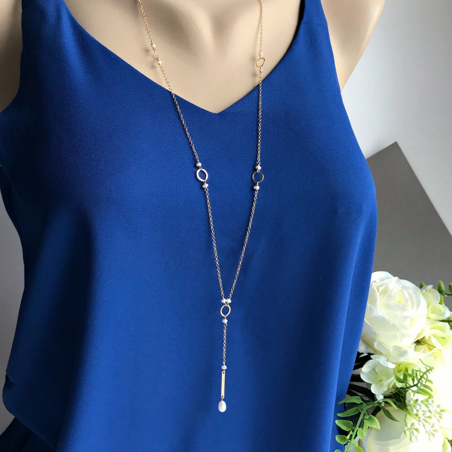 Bar Drop Necklace,Pearl Y Necklace,Simple Y Necklace,Long Necklace,Gold Y Necklace,June Birthstone,Layered Necklace,Delicate Lariat