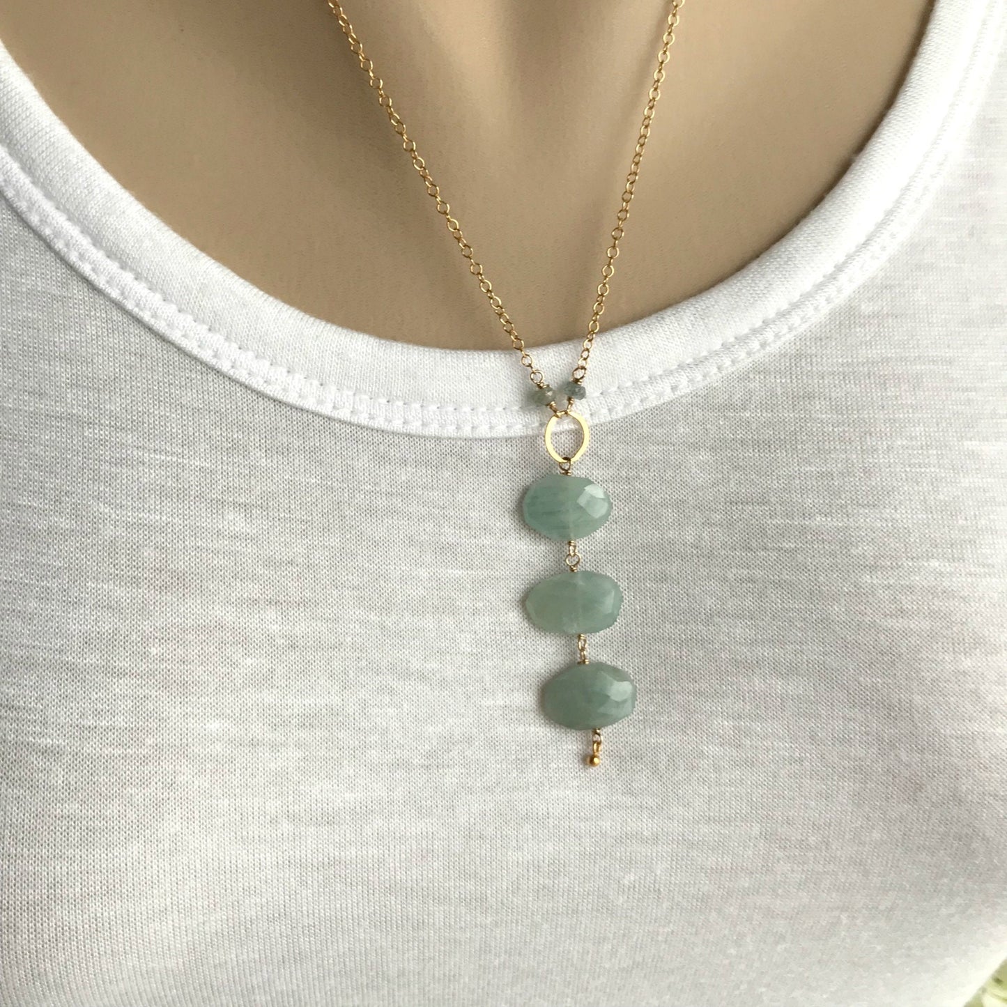 Dainty Aquamarine Drop Y Necklace,Simple Layering Necklace,Delicate Gemstone Necklace, March Birthstone Necklace,Long Gold Layering Necklace