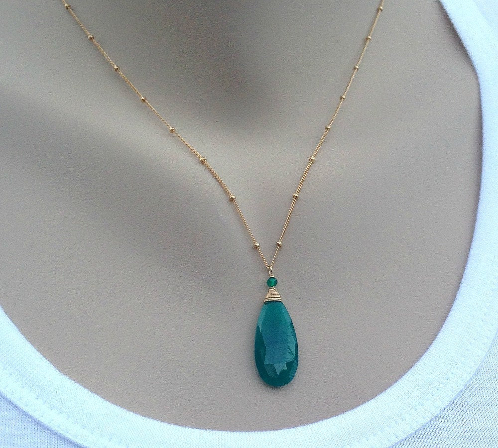 Green Onyx Necklace Teardrop Pendant Birthstone Jewelry Layering Necklace Green Pendant Women Necklace Gift for Her Gift for Girlfriend