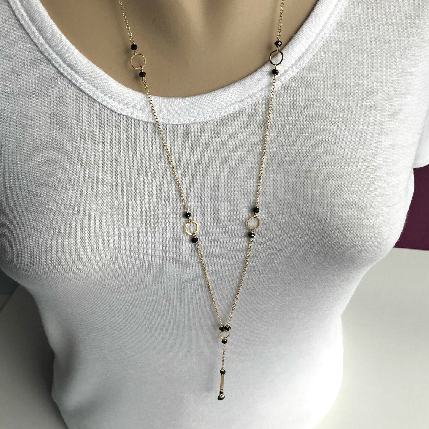Elegant Black Spinel Y Necklace | Minimalist Layering Necklace in Gold & Silver | Chic Long Necklace with Delicate Spinel Detail