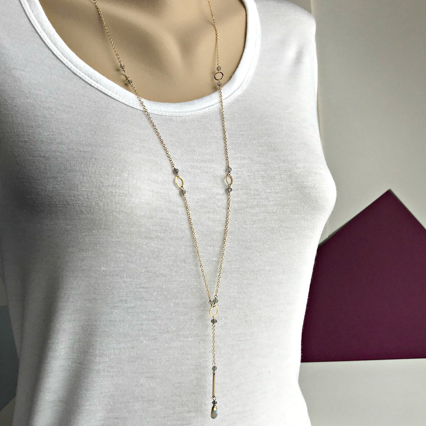 Labradorite Necklace Y Necklace Lariat Necklace Layering Necklace Dainty Necklace Gemstone Necklace Delicate Necklace Valentine's Day