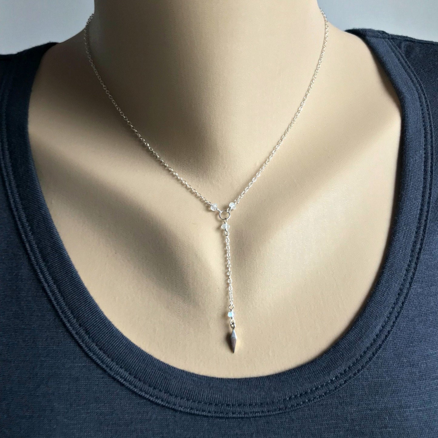 Silver Y Necklace Dainty Necklace Bohemian Jewelry Layering Necklace Short Lariat Delicate Necklace June Birthstone Bridesmaid Gift