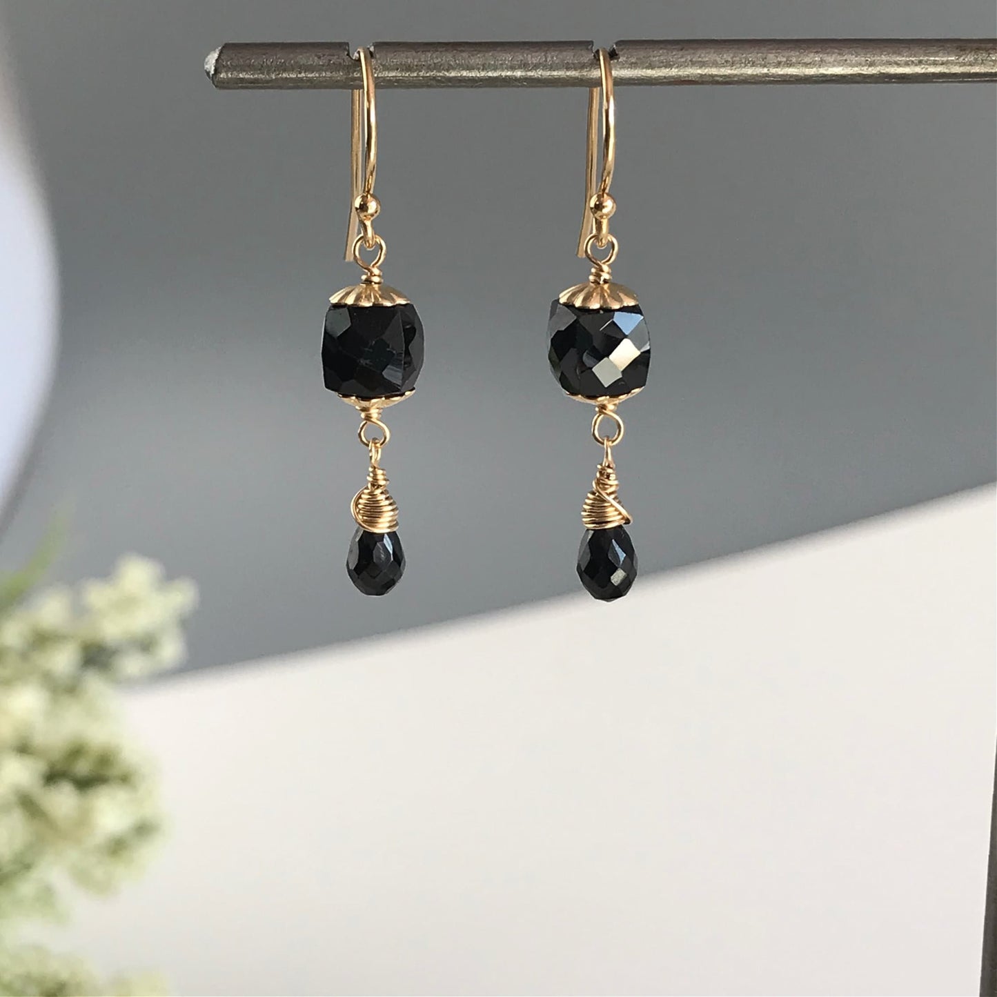 Black Earrings Dainty Earrings Gemstone Earrings Gold Earrings Women Earrings Gift for Mom Gift for Sister Black and Gold Black Jewelry