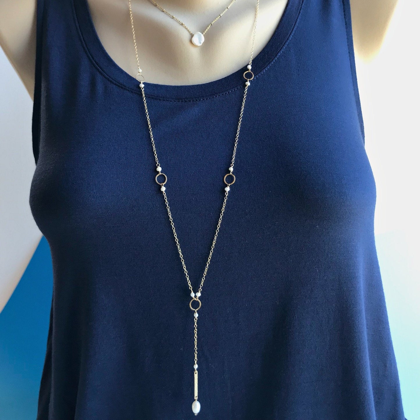 Bar Drop Necklace,Pearl Y Necklace,Simple Y Necklace,Long Necklace,Gold Y Necklace,June Birthstone,Layered Necklace,Delicate Lariat